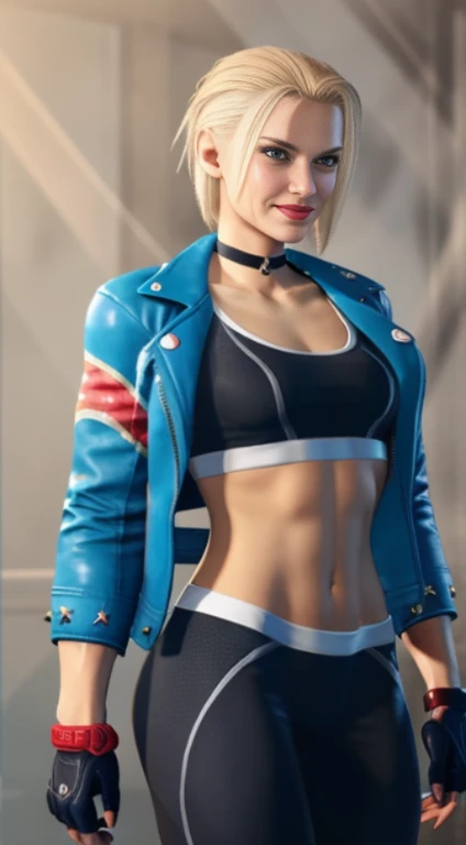 Drawing of cammy_white , cammy sf6,1girl ,solo , bang , scar on cheek ,blonde hair , blue eyes, short hair, sports bra, jacket , yoga pant, looking at viewer, upper body ,blush , smile , happy , red lipstick, ink, outline, comics lineart, black and white Manga, veins, beautiful face, full lips, slim face, high cheekbones, muscular,