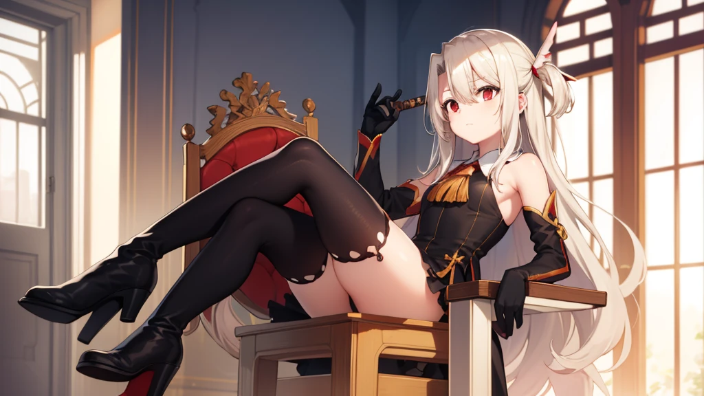 ((1 woman with penis)),((erect penis)),((with cape on back, with crown))),((medium breasts, bare breasts, grasping breasts)),((white hair with ponytail)) ,( (red eyes, calm face)),((sitting on a golden throne, sitting backwards, right leg over left leg)),((in a haunted castle, at night)),((1 arm behind your back) ),