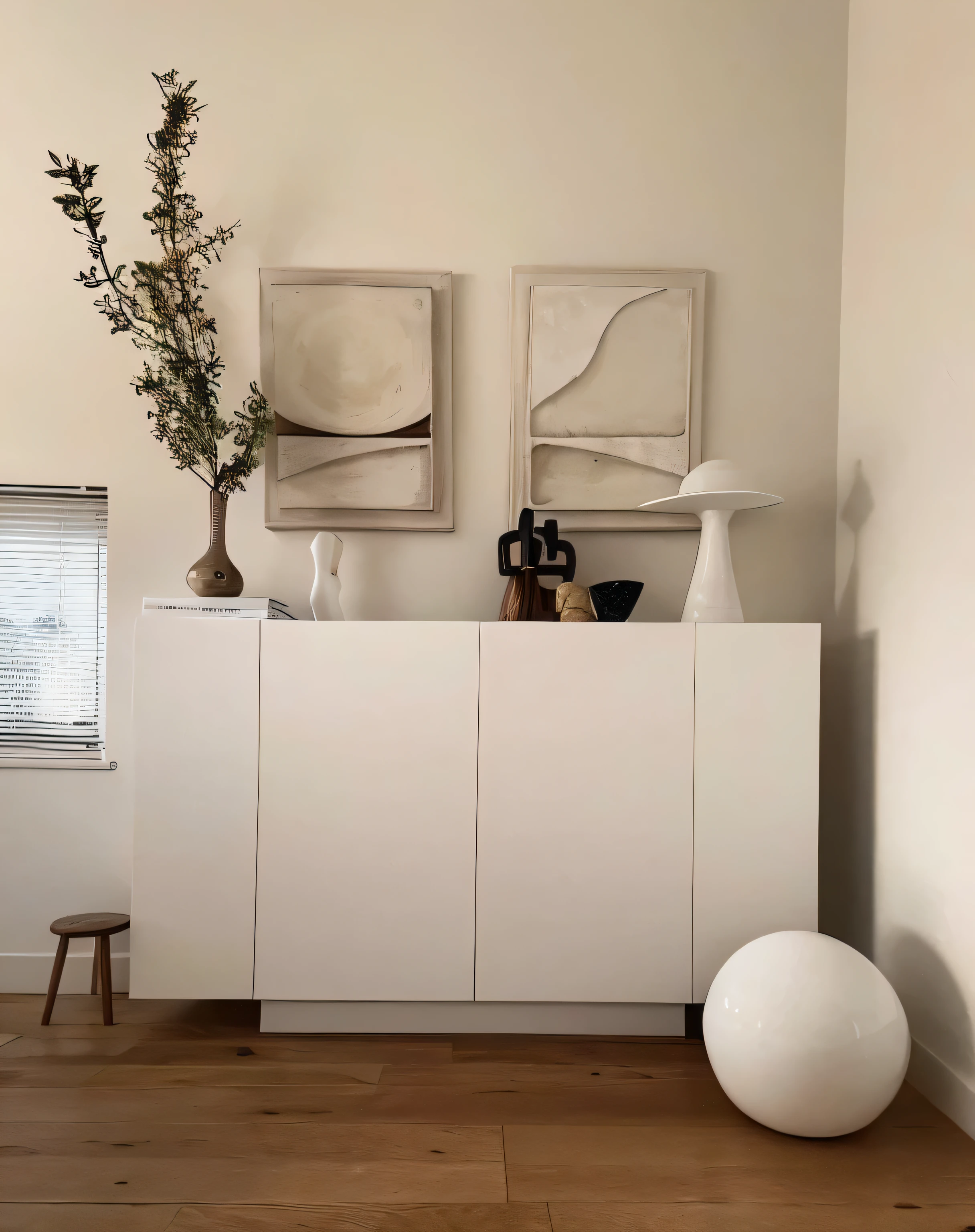There is a white cabinet,There is a vase inside,There is a vase on it, Modern earth tones neutral earth tones, Inspired by Jan Wijnants, Inspired by Constantin Hansen, Cycladic! sculptural style, Cycladic sculptural style, pastel color palette,mostly white, Inspired by Hendrik Guth, White carved abstract sculpture, Inspired by Carlo Needler, Soft colors and minimalism
