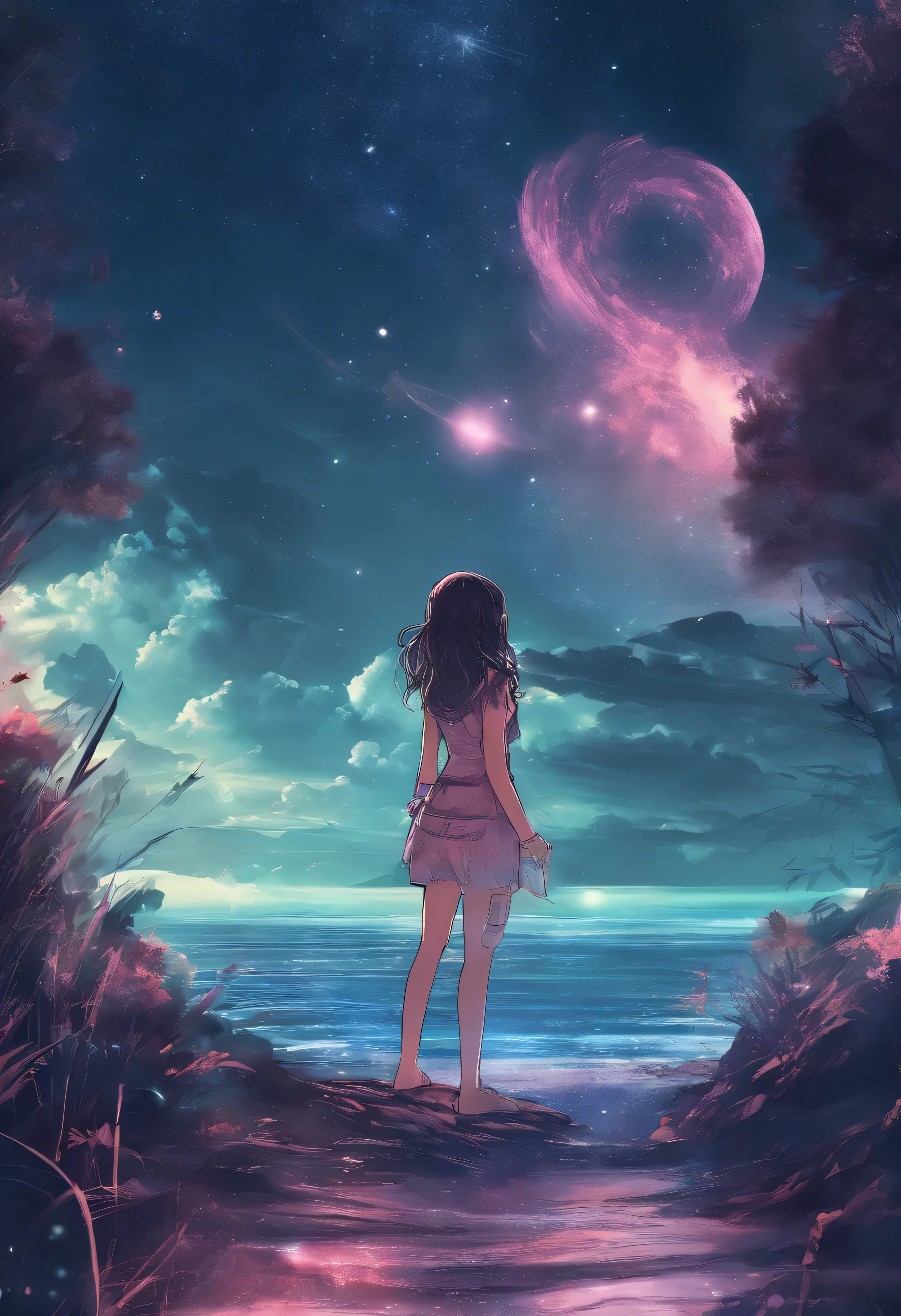 (masterpiece, best quality: 1.2), super detailed, Cinema lighting, human development report, illustration, landscape, 1 girl, (pastel colors), post apocalyptic beach, night, desolate atmosphere, girl sitting on the sand, Cover vegetation, (cloudy day), The waves lapping against the shore, (Melancholy but hopeful), quiet moment of rest, (Detailed texture), Hair is ruffled by the wind, Cloudy at night