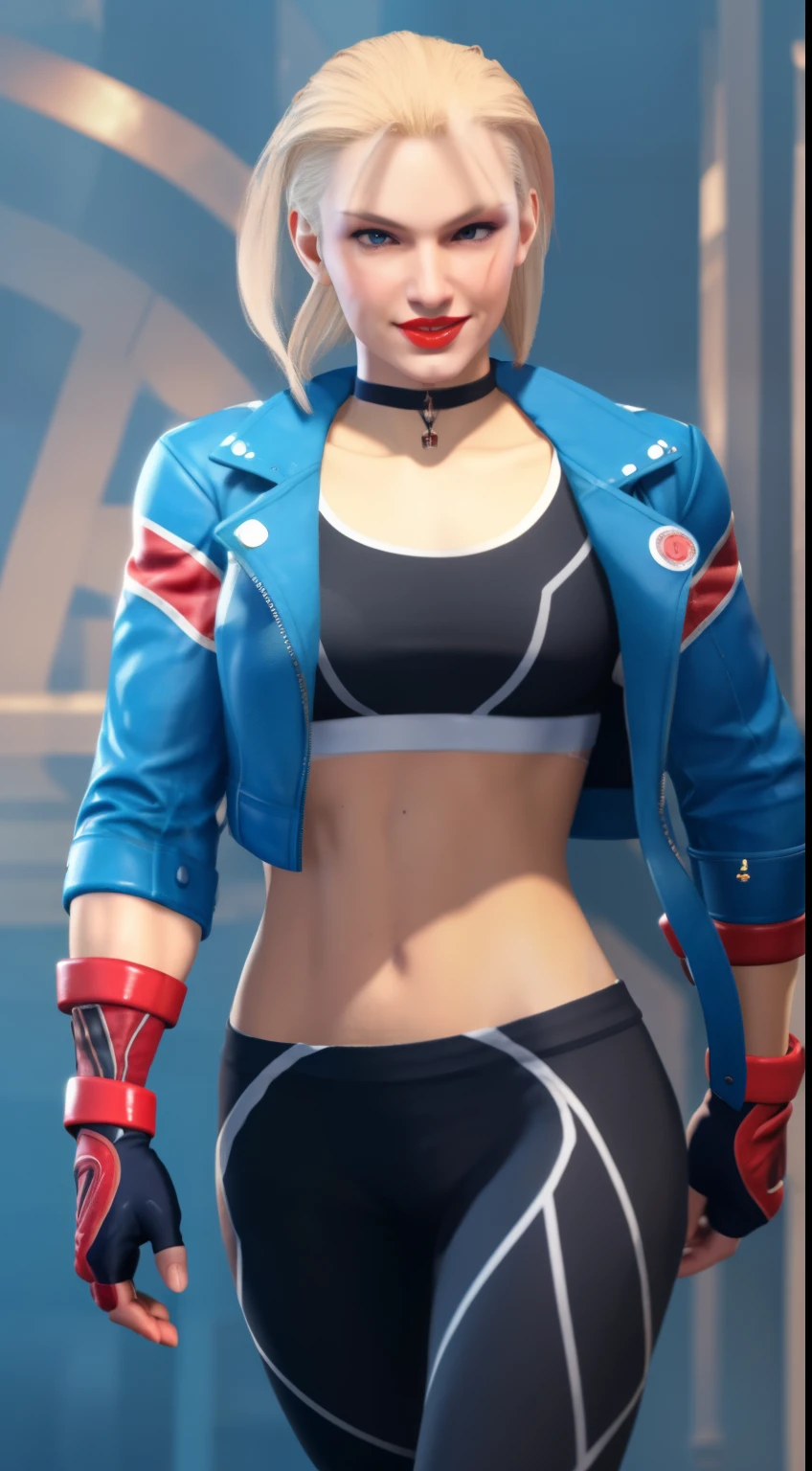 Drawing of cammy_white , cammy sf6,1girl ,solo ,  bang , scar on cheek ,blonde hair , blue eyes, short hair, sports bra, jacket , yoga pant, looking at viewer, upper body ,blush , smile , happy , red lipstick,  ink, outline, comics lineart, black and white Manga, veins, beautiful face, full lips, slim face, high cheekbones, muscular,