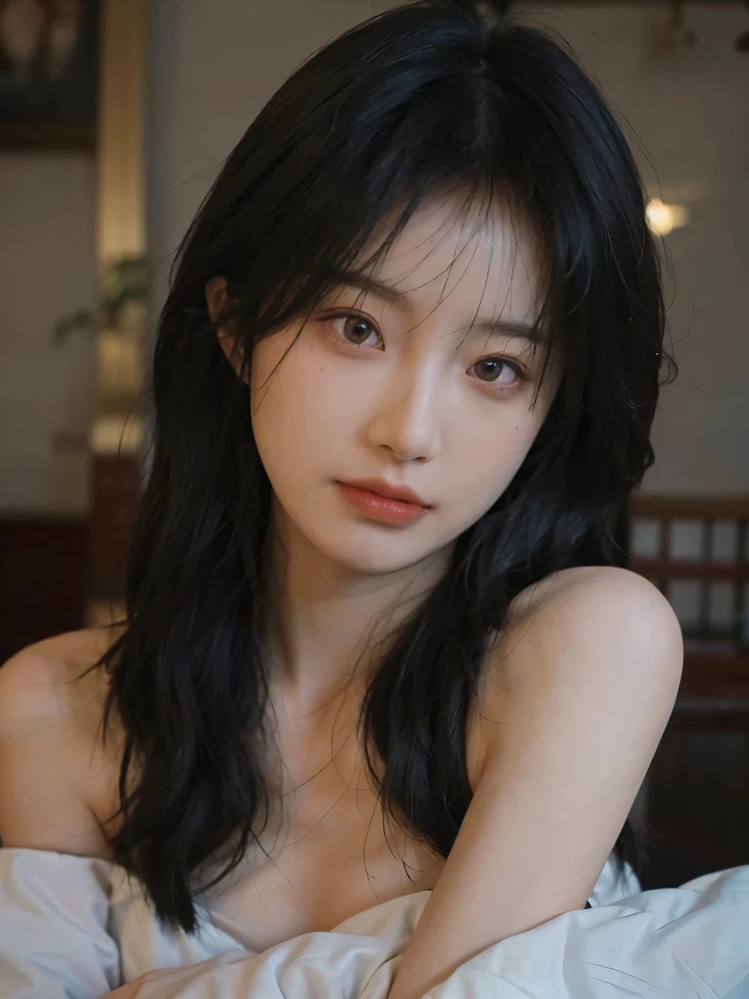 Film portrait photography, 1 girl, bare shoulders, Shoulder length wavy hair, serene, calm, (Realistic and detailed eyes, natural skin texture, Realistic facial details), Soft dramatic lighting, depth of field, Bokeh, Vibrant details, Detailed and detailed, surreal, 35mm film, hazy, ,