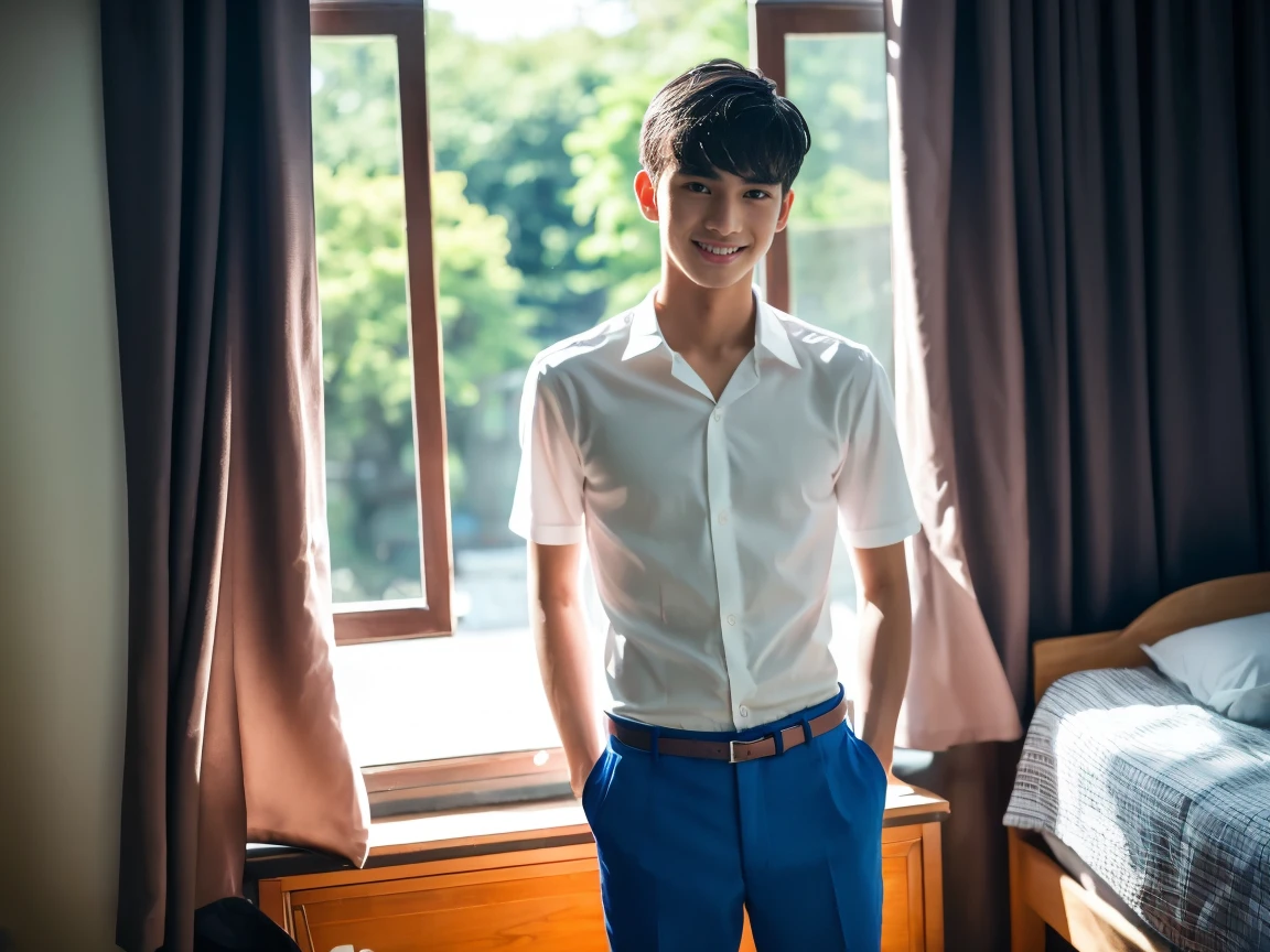 A full body photo of the Young handsome teenage 18 years old Thai half Chinese boy, white skin tone, smooth face, dark eyebrows, small eyes, double eyelids, high nose, nice pink lips, smiling, short brown hair, wet hair, slim and thin body, good figure, no six pack,Sharp face,Wear an unbuttoned white shirt, wearing blue Tanga underwear, not wearing a trousers, standing in a room with sunlight shining in during the day, the feeling looks cool and comfortable, there are trees outside the window.he stay in this room with his friend who wearing a black suit in background 