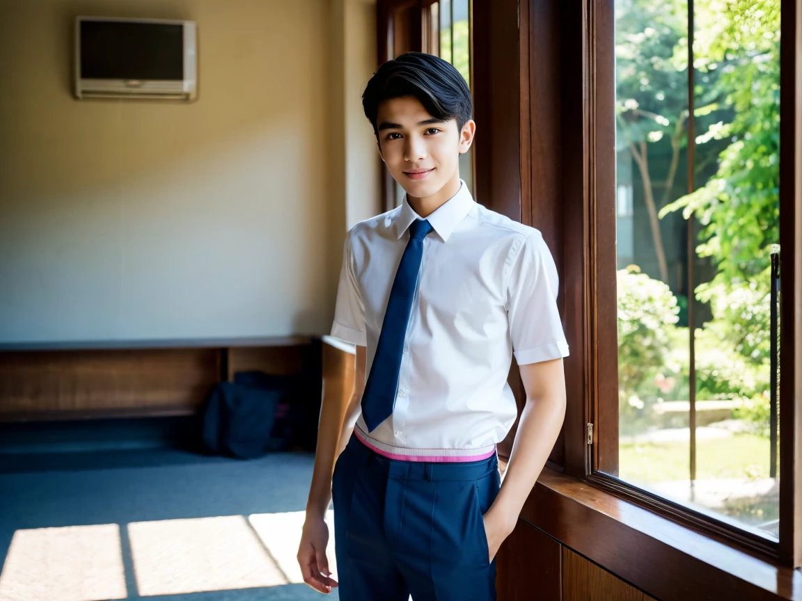 A full body photo of the Young handsome teenage 18 years old Thai half Chinese boy, white skin tone, smooth face, dark eyebrows, small eyes, double eyelids, high nose, nice pink lips, smiling, short brown hair, wet hair, slim and thin body, good figure, no six pack,Sharp face,Wear an unbuttoned white shirt, wearing blue Tanga underwear, not wearing a trousers, standing in a room with sunlight shining in during the day, the feeling looks cool and comfortable, there are trees outside the window.he stay in this room with his friend who wearing a black suit in background 