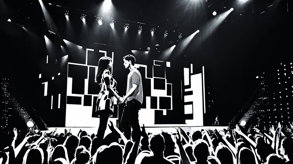 A monochrome print-style abstract painting of two people standing and talking on stage.