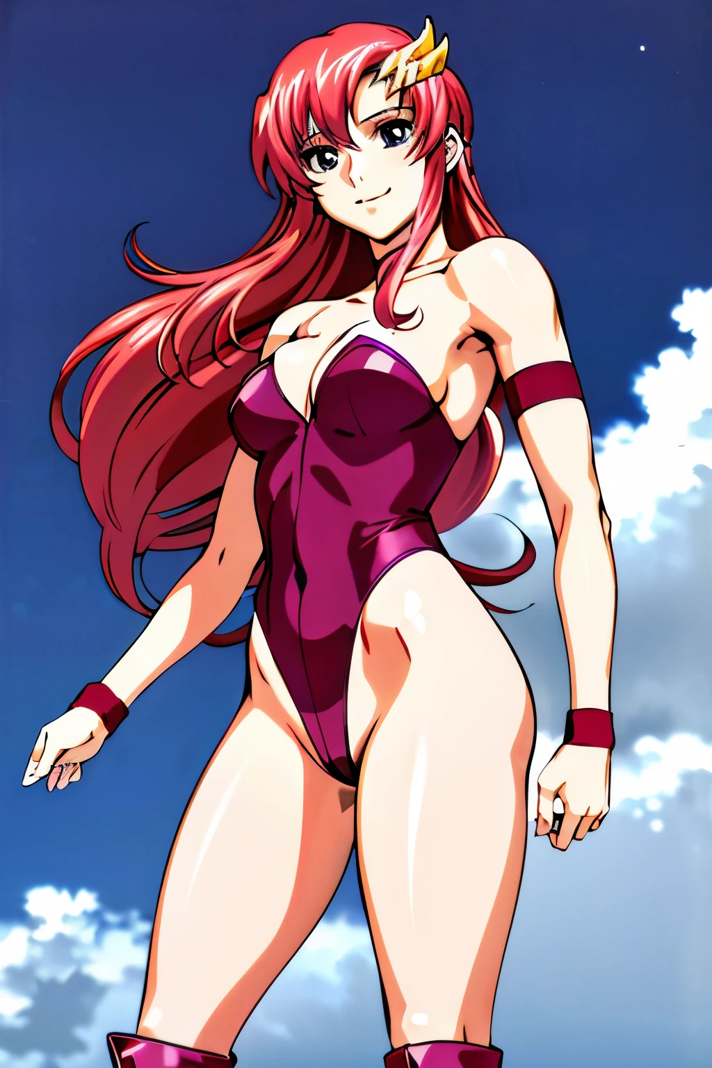 lacus4, armpit, (red long boots), (masterpiece, strapless only, very slim shoulders, 4K, Best Quality, Anime style: 1.9, happy, Adult Woman, (ultra detailed head), (cloud background), Drawing lines, high resolution, lacus4), 1girl, Solo, curvy figure, Long hair, 鎖骨, scapular, (Detailed wide hair bangs, Hair Ornament, Detailed reddish-pink hair, shiny streaks, slim arms, detailed golden crest), cleavage, large hands, (hair cover shoulders). (Big blue eyes, shiny eyes), ((female wrestler, (slim body), little biceps, slim arms, closed fists, thighs)), ((perfect proportions, medium breasts, long belly)), (((very tight leotard, crimson strapless leotard only, red arm band, neck band))), smile, (standing, hot colors), detailed fingers, (bare shoulders)
