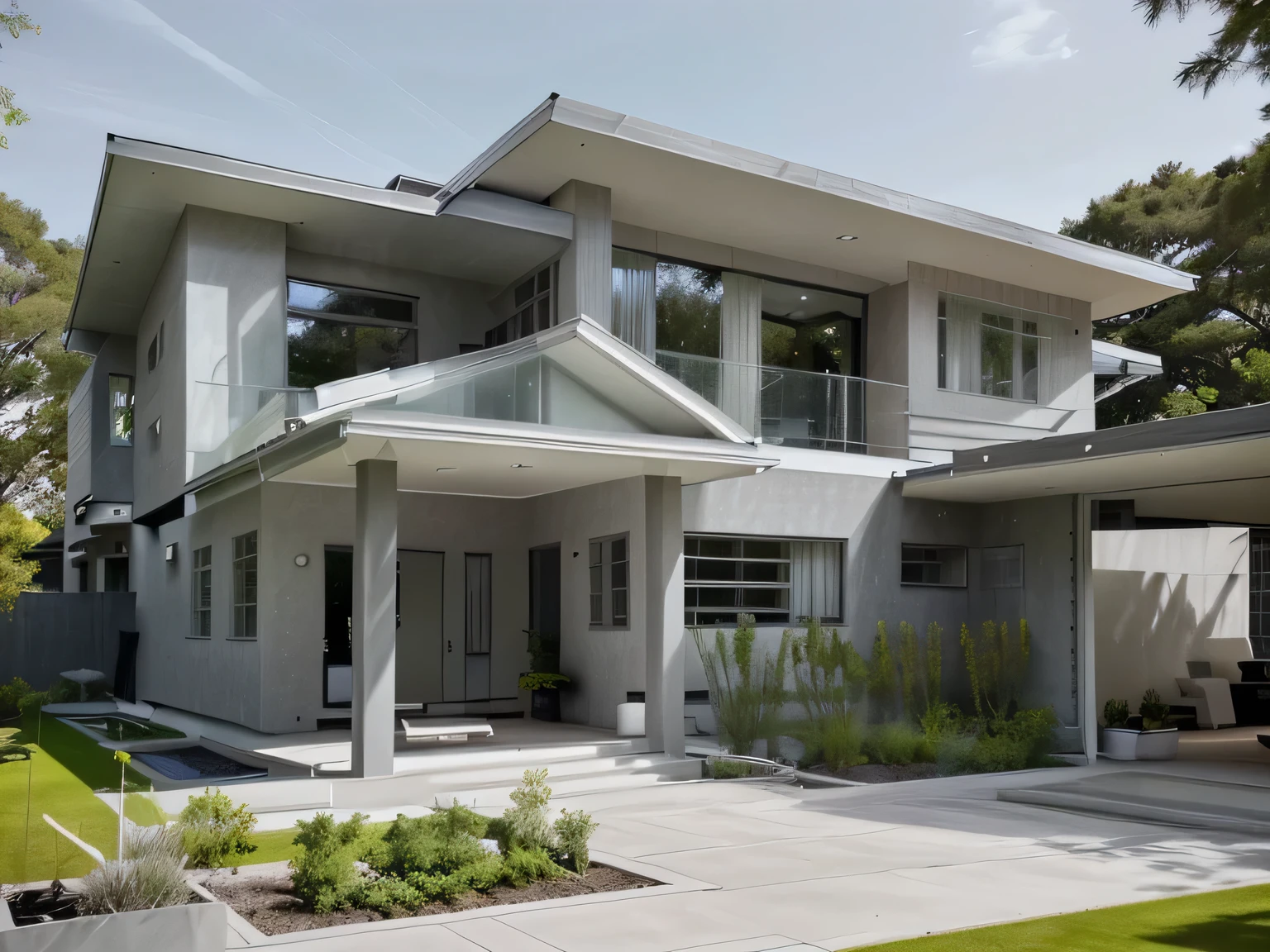 prompt:
color photo of a modern and minimalist grey-colored Midcentury home. The house exudes an elegant and sophisticated vibe with its sleek lines, clean design, and neutral color palette. The exterior of the home is painted in a beautiful shade of grey, which perfectly complements the surrounding landscape. Large windows allow an abundance of natural light to flood the interior, creating a bright and airy atmosphere. The architectural details, such as the flat roof, angular shapes, and minimalistic landscaping, add to the overall contemporary aesthetic of the house. This grey Midcentury home stands as a timeless masterpiece, blending seamlessly with its surroundings.
