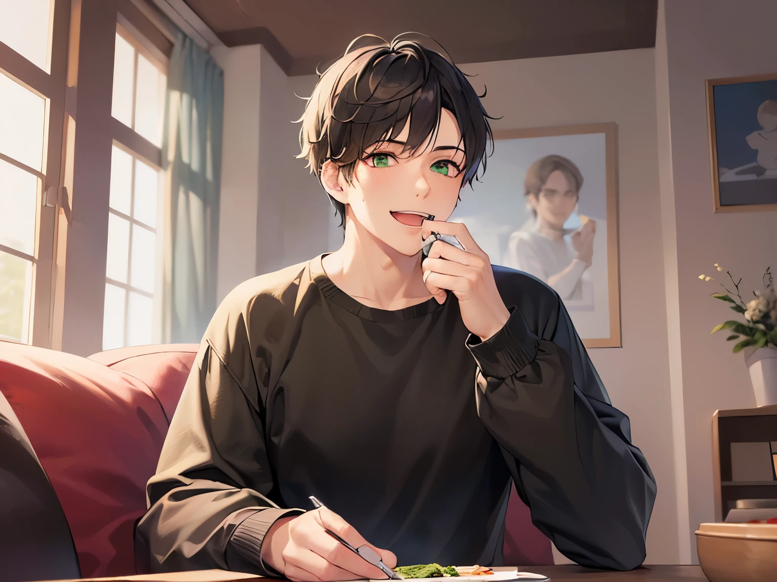 Eating alone, masterpiece、high quality、bold composition、(25-year-old man with short black hair and green eyes:1.5)、wearing a black long-sleeved T-shirt、(Alone:1.5)、(smile:1.1), open mouth, sitting、The background is the living room