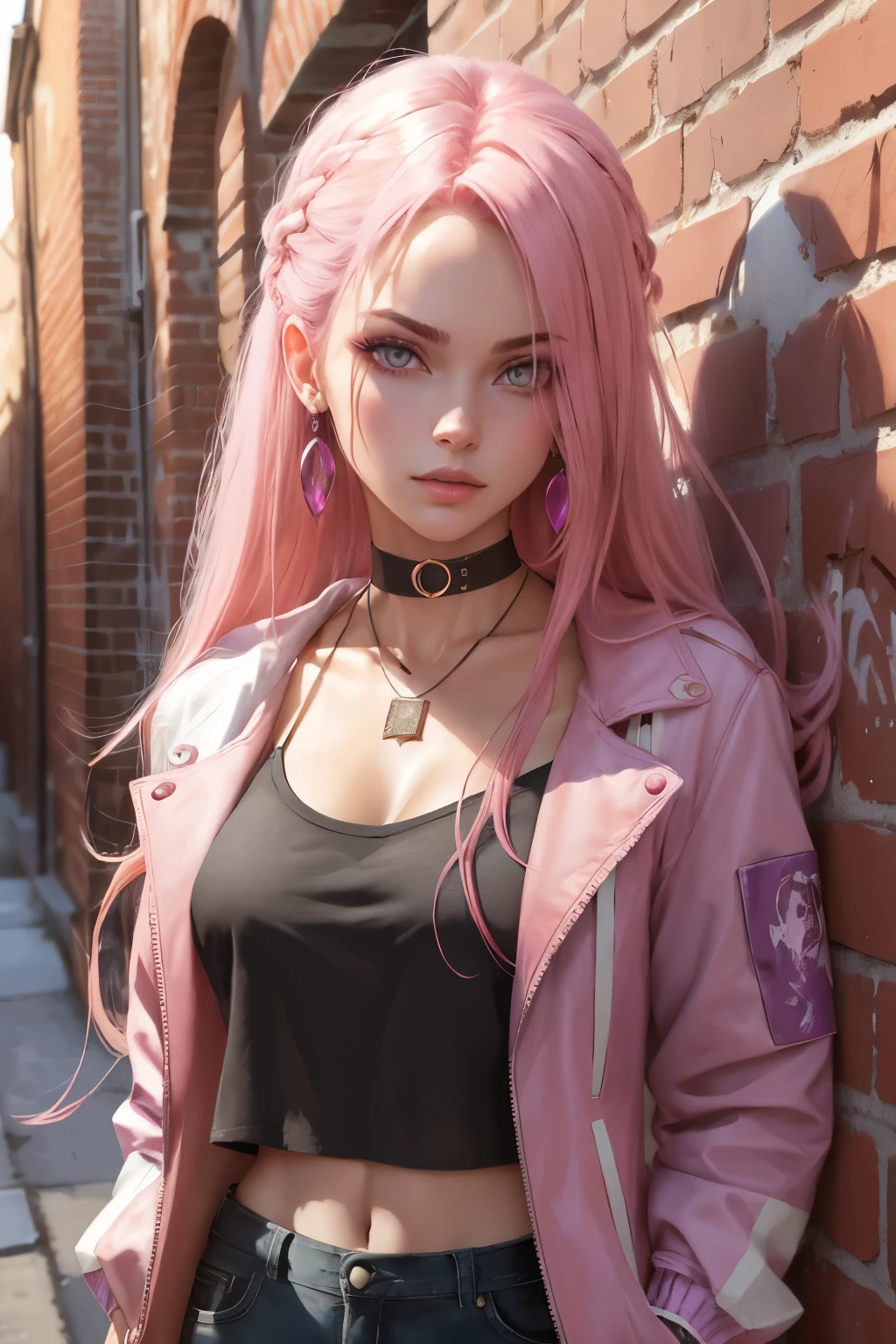 (((medium full shot))), (photorealistic, photorealism, best quality, ultra-detailed:1.3), (nice hands, perfect hands), official art, cinematic light, (1girl:1.3), adult, realistic, long hair, pink hair, red head ornament, pink highlights, hair over one eye, purple eyes, earrings, sharp eyes, choker, neon torn shirt, torn legwear, open jacket, night,against wall, brick wall, graffiti, dim lighting, alley, looking at viewer