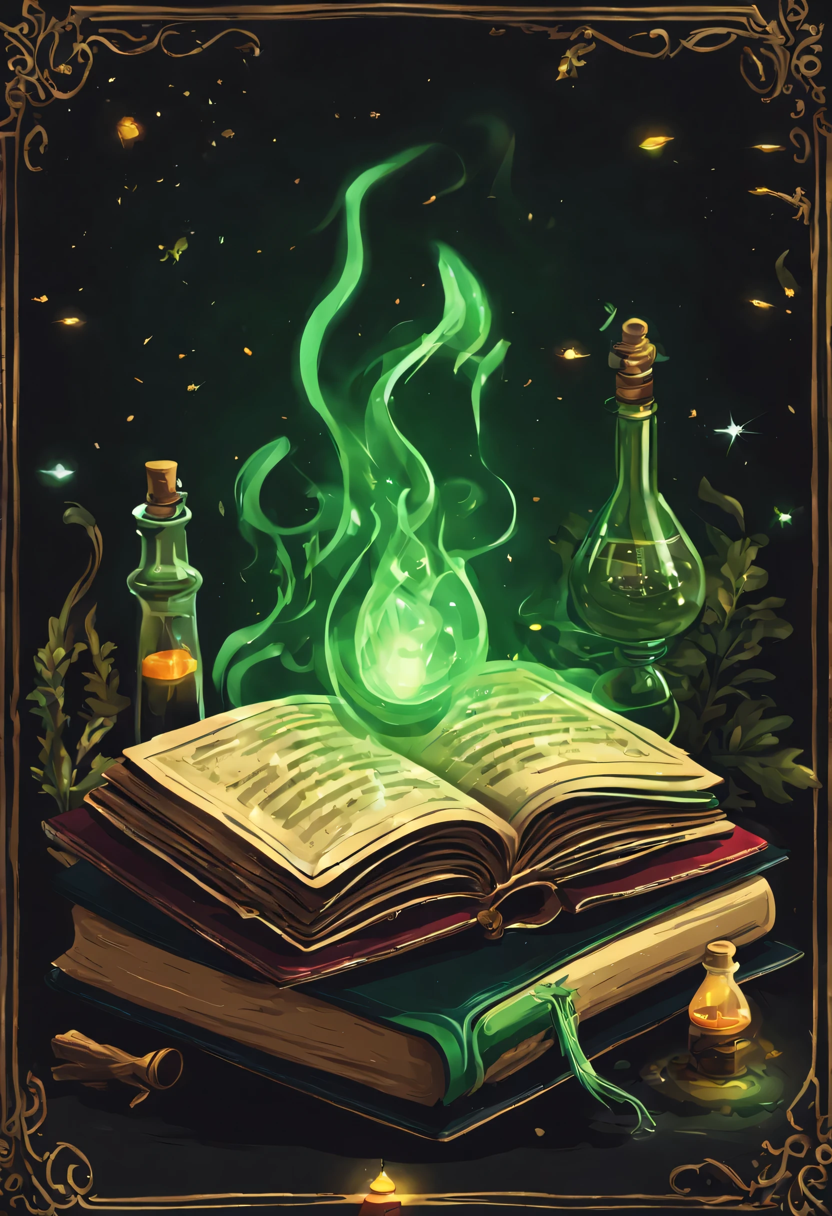 Illustration of an open magic book，Glows green，There are many retro magic books and various colorful potion bottles on the ground in front of the magic book..，Study a magic book，debugging、An atmosphere full of dark magic，dark background