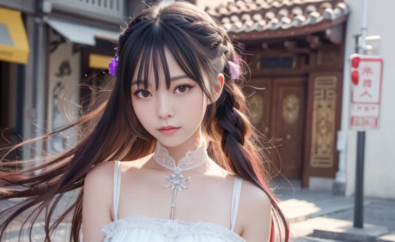 best quality, 8k, Traditional beauty,Beautiful and fine hair and fine face, perfect female face, Smile, happy, beautiful cute girl,with shiny purple hair,Colorful white shirt , Highly detailed facial and skin textures, delicate eyes, Just one person,Chinese girl,The costumes are detailed and complete,Super detailed black braids,Hair blowing in the wind, standing on the street, (Flash particles), lens flare, sharp focus, Volumetric lighting,对着镜头Smile, (Alice and fashion:1.1),slim body,Soft light and shadow,The proportions of the characters are reasonable,Normal human eyes,Eyes are delicately drawn,Delicate facial details,Detailed sculpting of upper body,Attention to detail,The texture is delicate,vivid emotional description,meticulous detail。