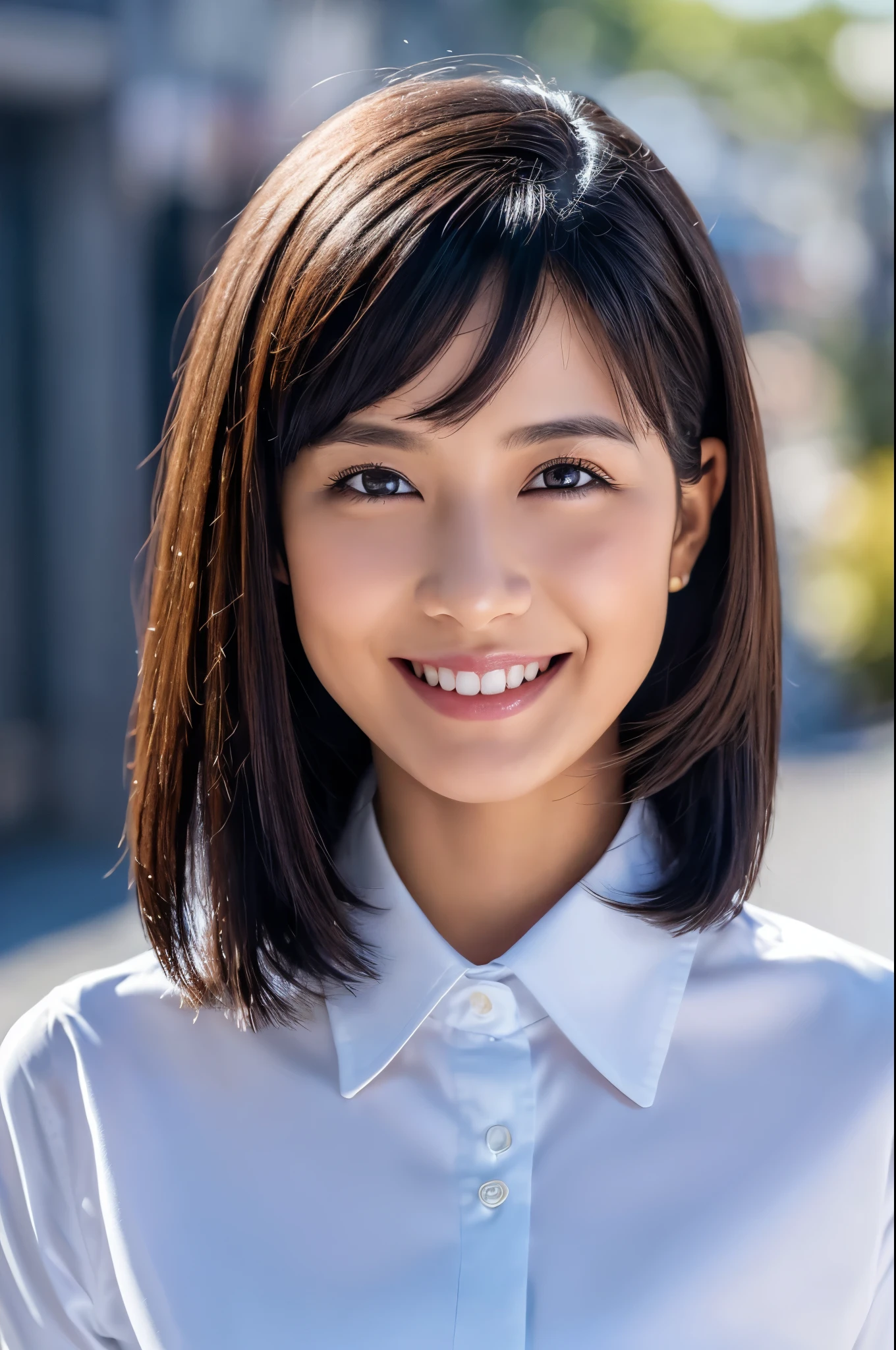 best quality, photorealistic, 8k, high res, 1girl, woman, (skindentation), (professional lighting), (portrait:0.6), (buttoned office shirt:1.64), (white choker:1), gorgeous, ((black hair)), (short straight hair:1.4), (flowing hair:1.6), (1girl eyes looking at viewer:1), ((looking at viewer:1.6)), (1girl looking at the camera), photorealistic, (bokeh), (portait:0.6), (dynamic pose:1.2), masterpiece, intricate, realistic, sharp focus, award-winning photograph, sfw, (smile:1.5),