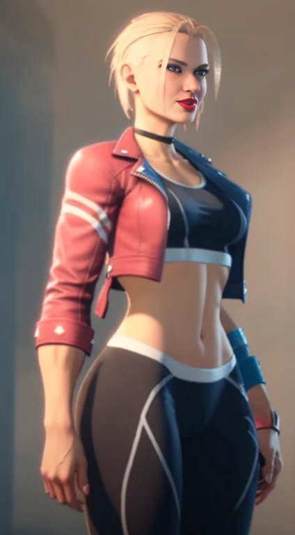 realists photo cammy_white , cammy sf6,1girl ,solo ,  bang , scar on cheek ,blonde hair , blue eyes, short hair, sports bra, jacket , yoga pant, looking at viewer, upper body ,blush , smile , happy , red lipstick,  veins, beautiful face, full lips, slim face, high cheekbones, muscular,