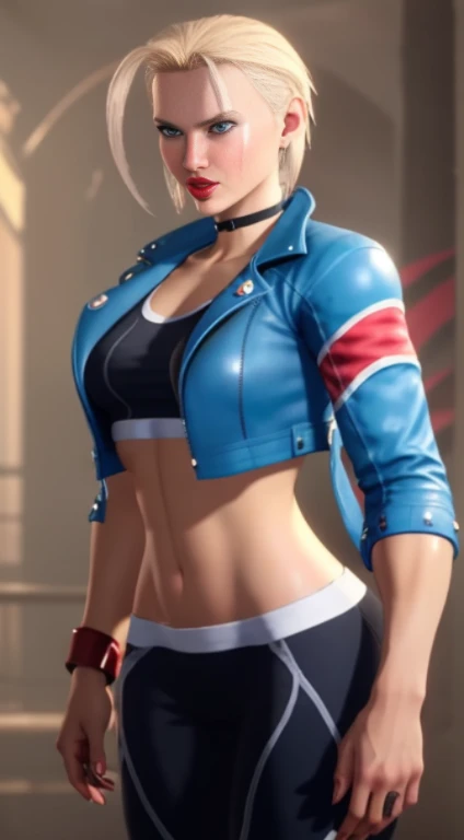 realists photo cammy_white , cammy sf6,1girl ,solo ,  bang , scar on cheek ,blonde hair , blue eyes, short hair, sports bra, jacket , yoga pant, looking at viewer, upper body ,blush , smile , happy , red lipstick,  veins, beautiful face, full lips, slim face, high cheekbones, muscular,