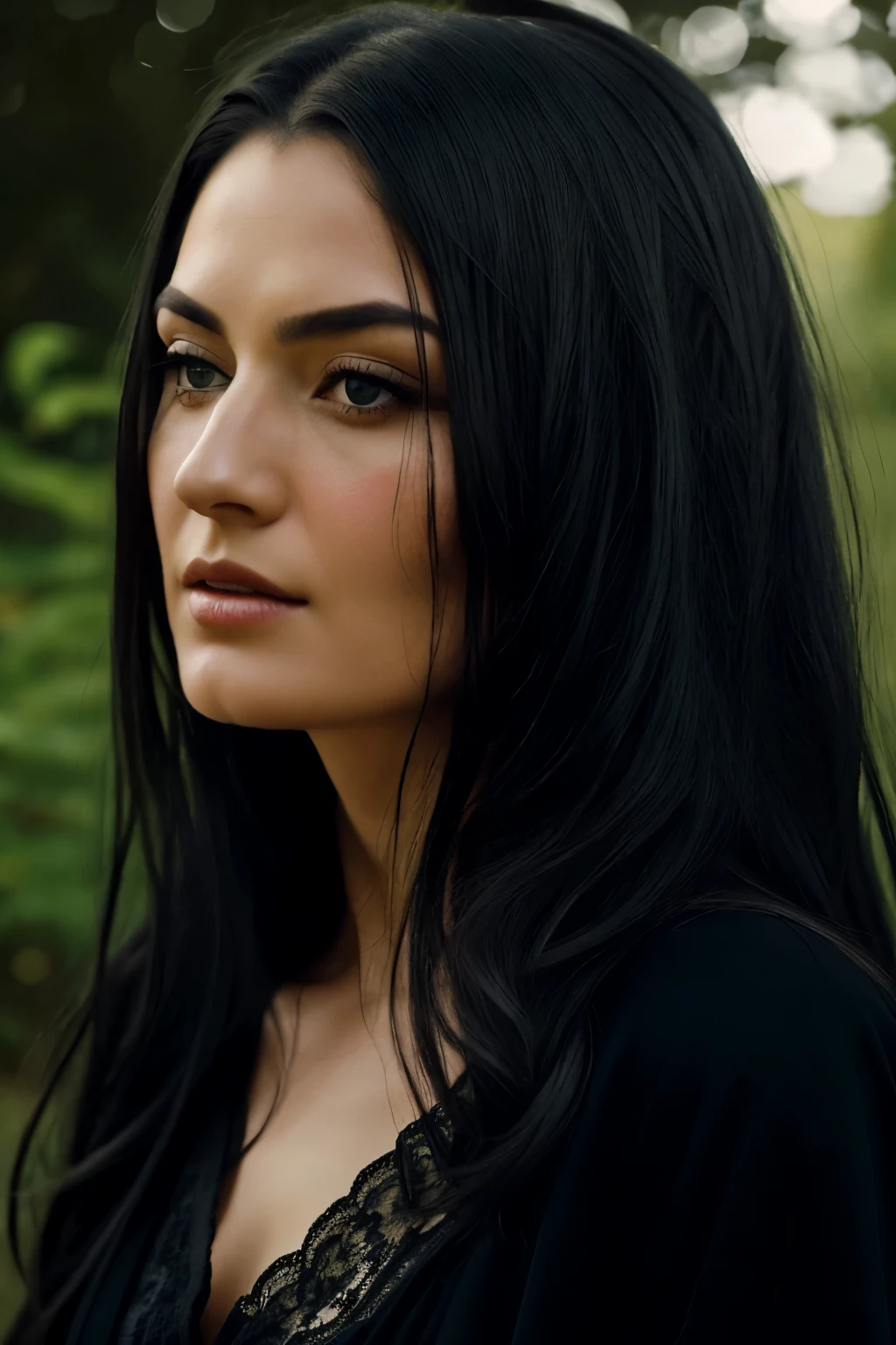 Old woman, dressed in a black gown, long black hair flowing down to her shoulders, green eyes gleaming with wisdom and experience, realistic rendering, intricately detailed, a sense of tranquility emanating from the image, high-definition, green dress subtly peeking beneath the edges of the black attire, emanating an air of mystery and allure.