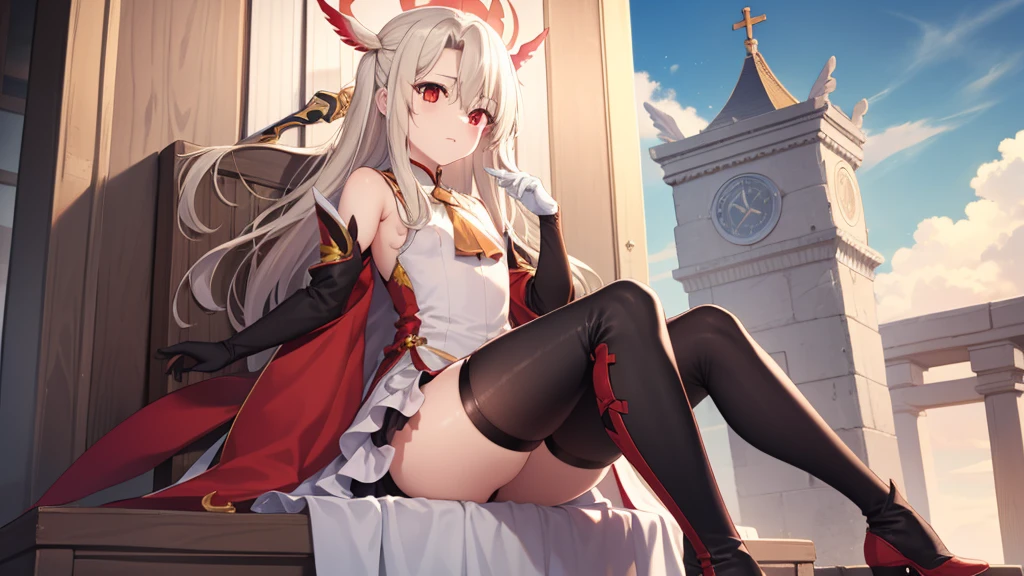 Illyasviel von Einzbern, blonde hair, hair between eyes, long hair, (red eyes:1.5),cool girl boots, Detached sleeves, Yellow gloves,skirt,(beautiful and delicate eyes),holy sword,Huangding Qingtian,enlightenment,Sitting on the throne of the sky