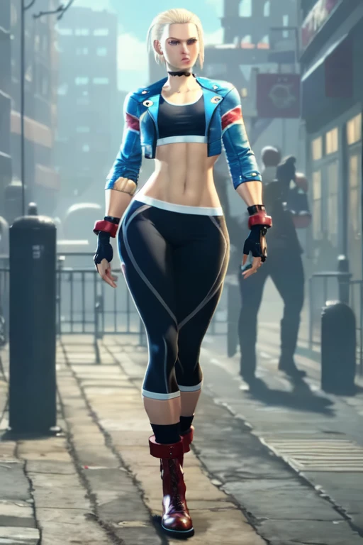 female cammy white in the city,  Perfect toned Body, Perfect face, Perfect hands, Perfect, Legs, street detailed and Intricated, bioluminicense, HD