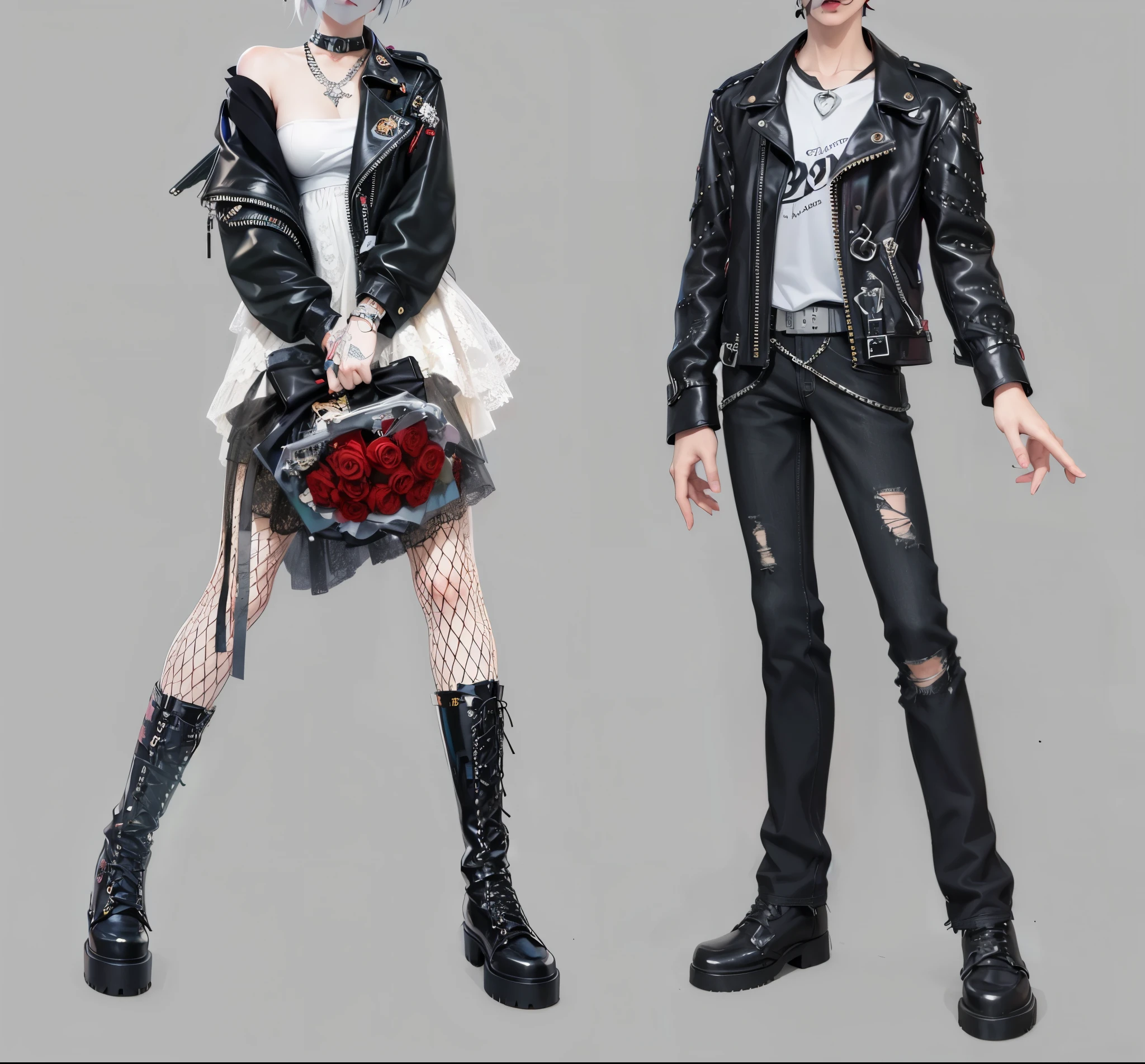 Anime style rendering of couple of goth girls holding roses, fashion concept art, mechanic Punk outfits, Style Games Square Enix, Vampire fashion, punk rock clothes, cyberPunk outfitss, goth punk clothes, wearing punk clothes, No more heroes concept art, 2b, 2b, Fashion Design, Cyberpunk fashion clothing, Punk outfits, wearing modern gothic clothes