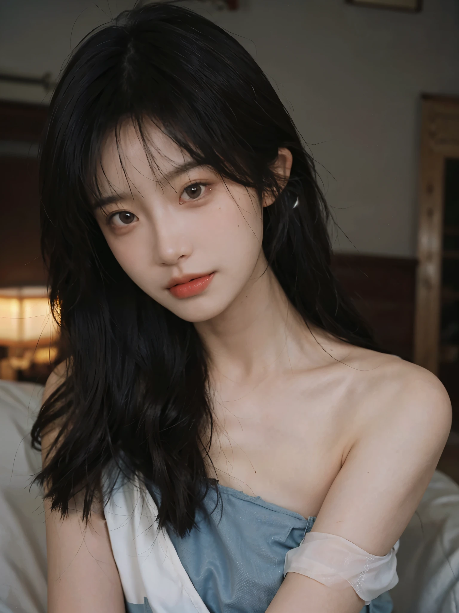 Film portrait photography, 1 girl, bare shoulders, Shoulder length wavy hair, serene, calm, (Realistic and detailed eyes, natural skin texture, Realistic facial details), Soft dramatic lighting, depth of field, Bokeh, Vibrant details, Detailed and detailed, surreal, 35mm film, hazy, ,