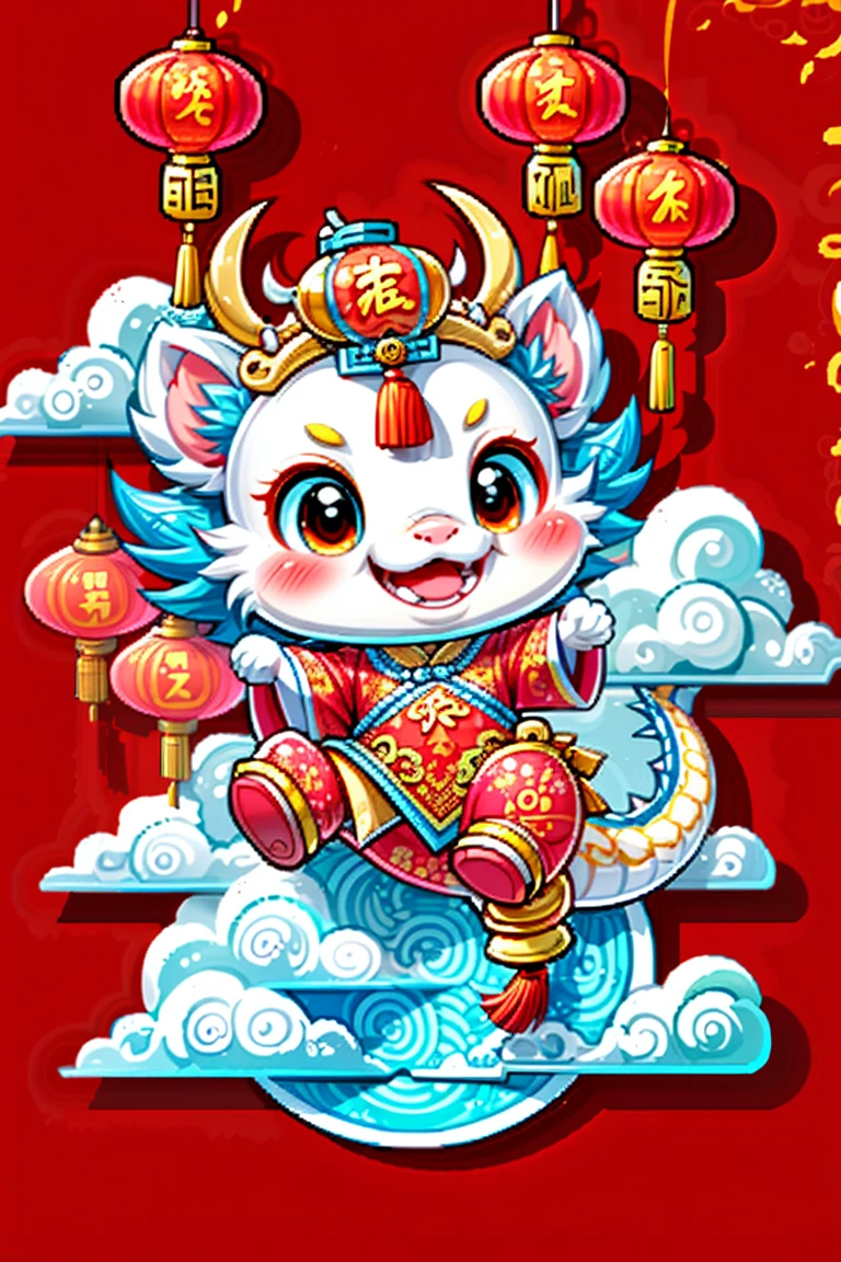1 Chinese dragon,(China red:1.5),medium shot,Chinese style,chinese palace,Spring Festival,lantern,fireworks,firecracker,flowers,clouds,stone fragment,Beautiful and delicate water,Wood grain flooring,Cute Chinese Dragon