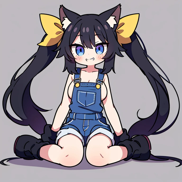 one girl, be characterized by short stature ,very long twin tails ,absurdly long hair,f cup,big breasts, has long twintails that touch the floor, has Anubis' Kemonomimi ,jackal Kemonomimi ,long jackal Kemonomimi ,black hair ,The inside of the kemomimi is yellow , black hair , Attach the yellow ribbon only to the left side of the twin tails ,double blue eyes , -hag/s,clothes that are loose fitting ,naked on top overalls, grin, inviting look, nipples protrude