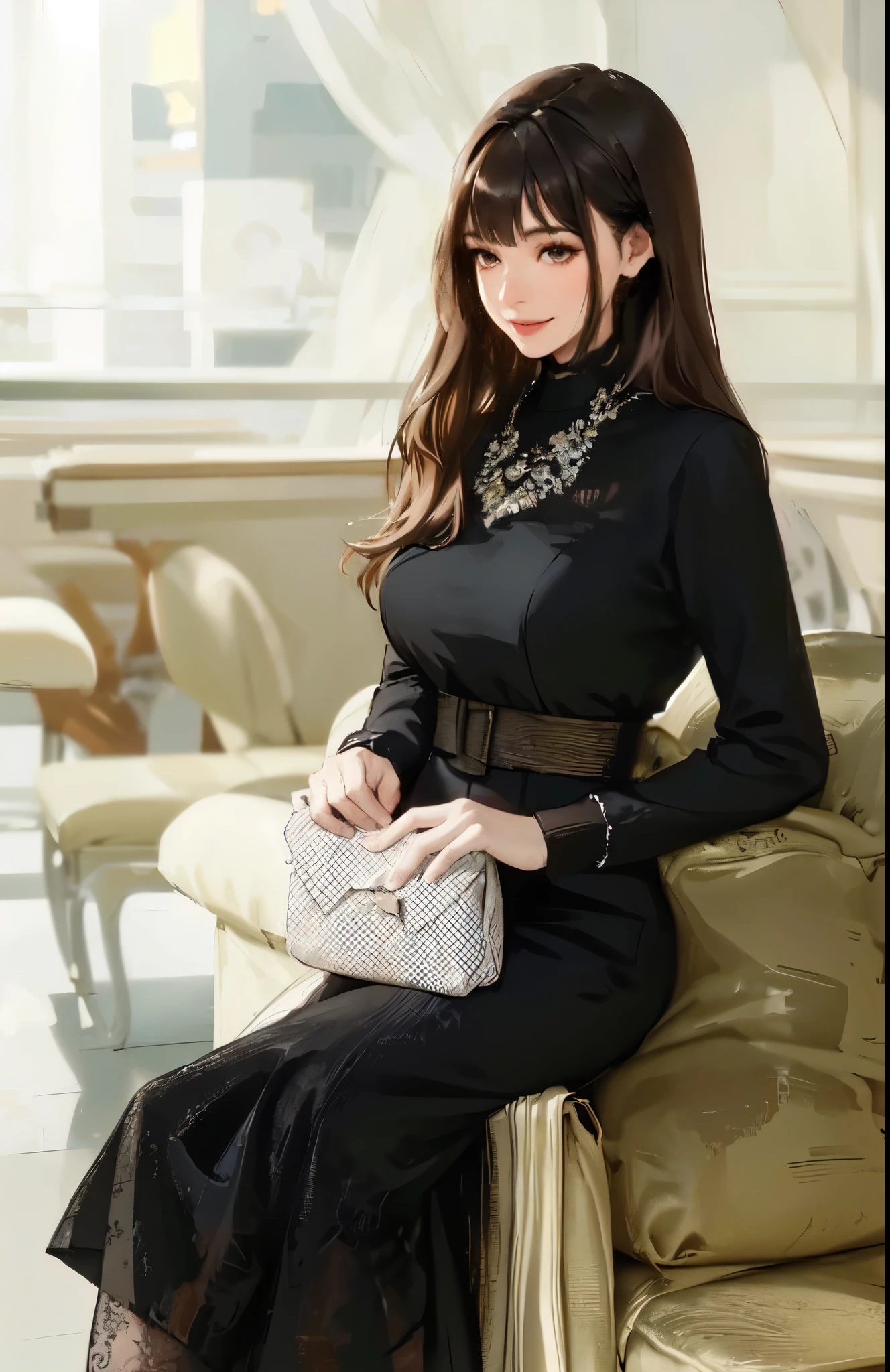 1lady sitting, (stylish outfit), mature female, /(dark brown hair/) bangs, light smile, (masterpiece best quality:1.2) delicate illustration ultra-detailed, large breasts BREAK (fashionable cafe) indoors, window, detailed background