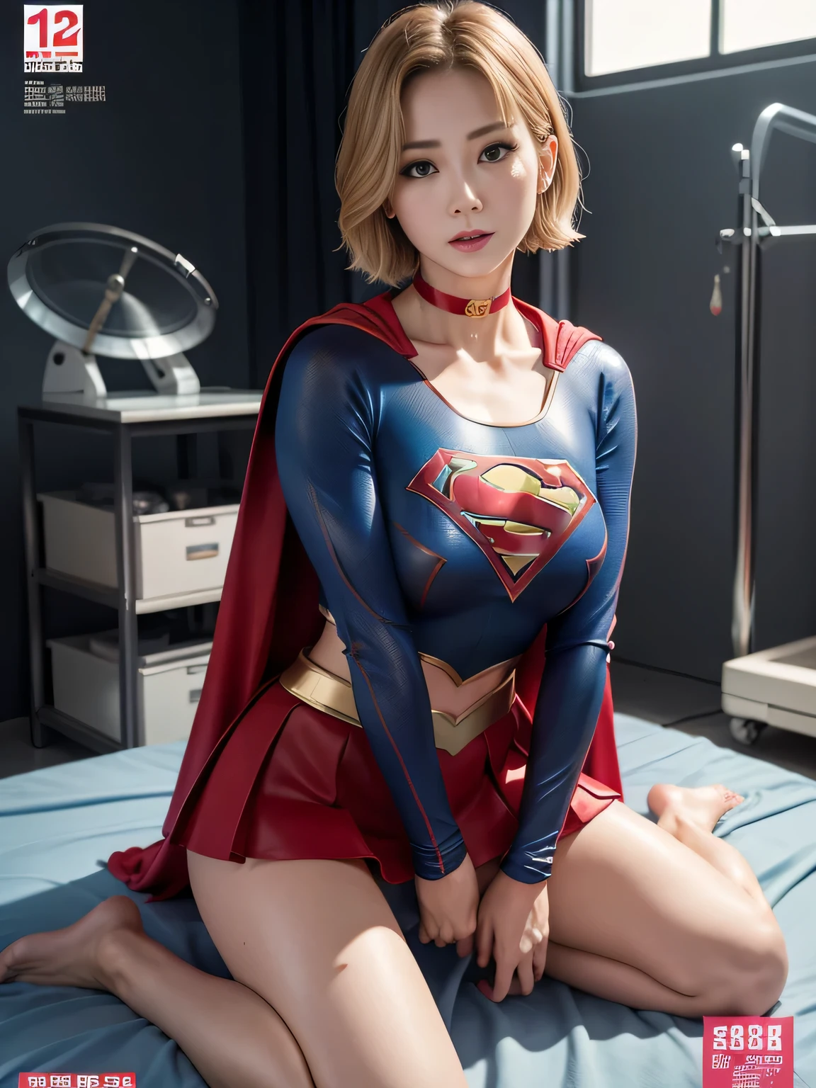 masterpiece,supergirl costume, short hair, barefoot, big and full breasts,operating room、operating table、straddle、damaged、shiny、look at the camera、provocation、Estrus、choker、Weekly magazine cover、long sleeve、red mini skirt、obscene pose、Seduce