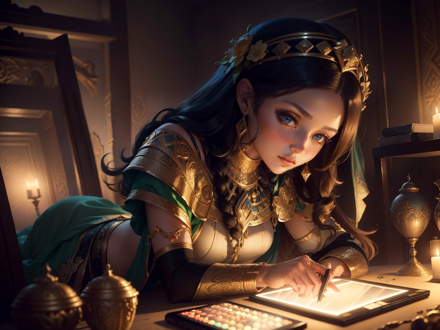A beautiful ancient Babylonian princess searches for tablet computer in her babylonian room at night, (Masterpiece, Best Quality, Highres:1.4), Detailed, Intricate Details, 4K ,((sfw)),