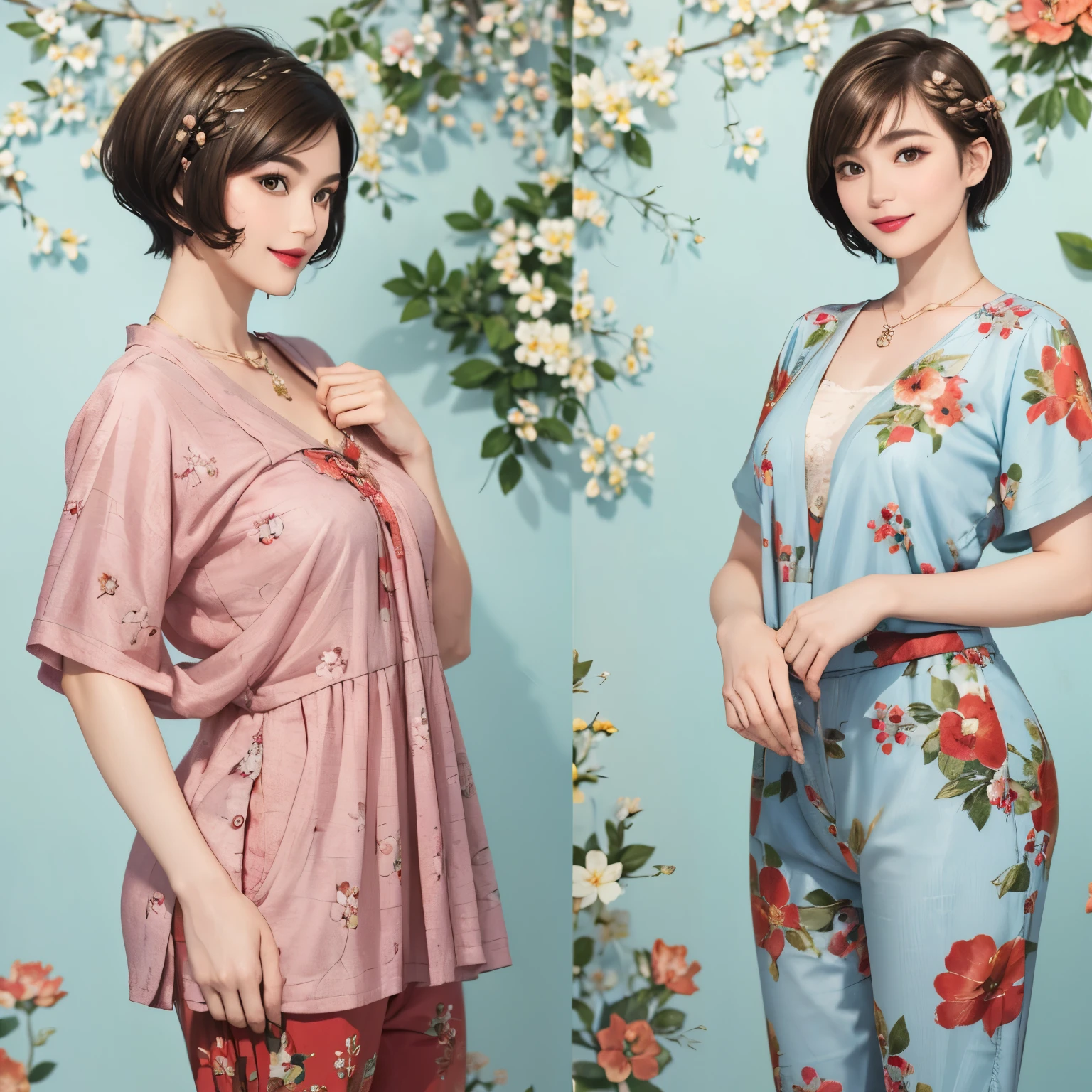 149
(20 year old woman,floral print outfit,pants), (Super realistic), (high resolution), ((beautiful hairstyle 46)), ((short hair:1.46)), (gentle smile), (brest:1.1), (lipstick)