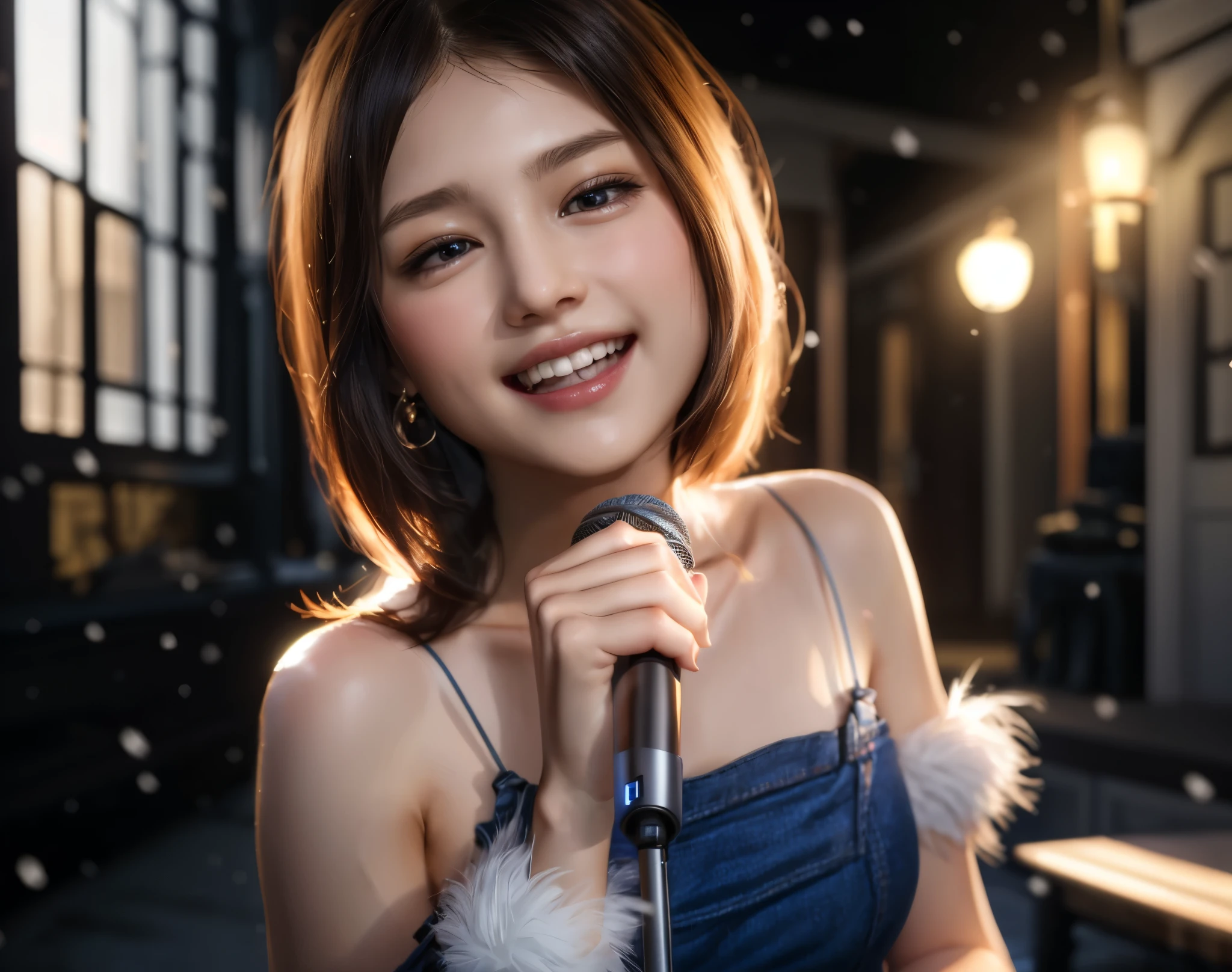 (table top), sexy、Natural light, realistic diffused glow, Depth of written boundary, professional lighting、Spotlight people、Big eyes、eyes are blue、blonde、Russian、in the snow、snow falling、microphone on right hand、Singing a song、