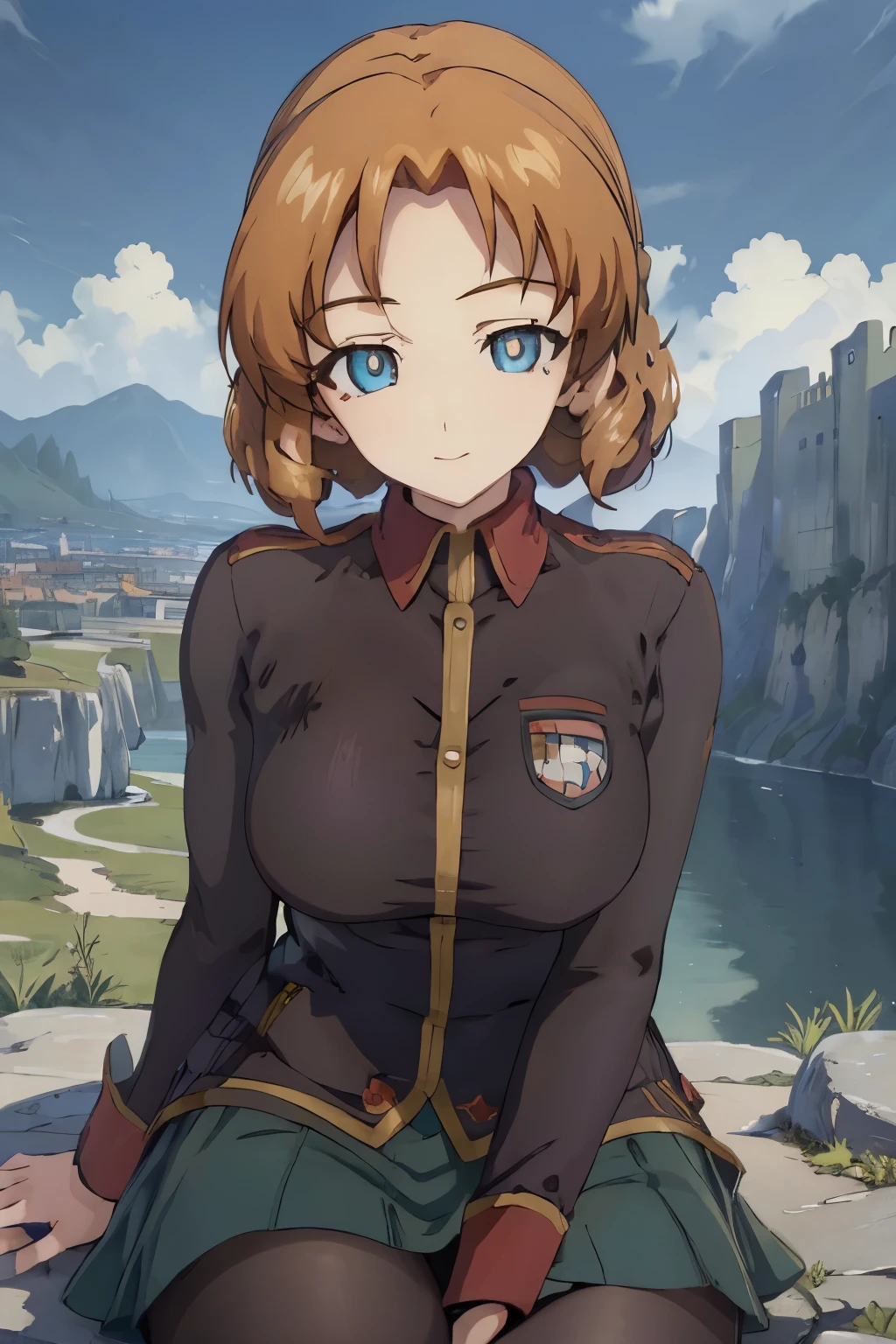 (masterpiece:1.2), best quality, high resolution, unity 8k wallpaper, (illustration:1.5), anime style, (beautiful detailed eyes:1.6), extremely detailed face, perfect lighting, extremely detailed CG, (perfect hands, perfect anatomy), (dynamic pose, dynamic angle:1.1), 1girl, solo, girls und panzer, orange pekoe, Zeon red uniform, black pantyhose, looking at viewer, outside of a castle, sitting on rock, (spread legs:0.6) breeze, blue sky,  