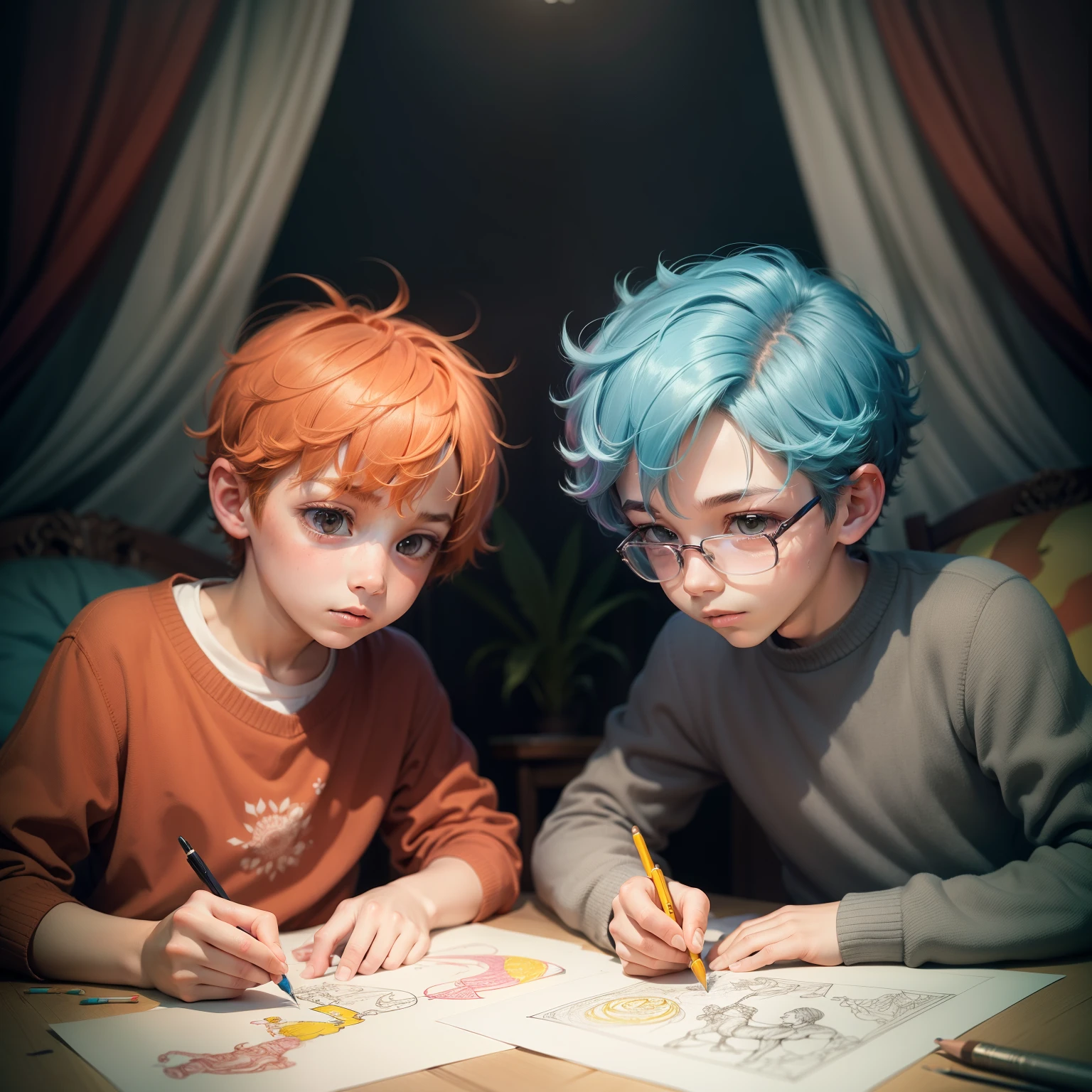 Two young boys, with bright and curious expressions, are intently focused on their drawing pads, creating intricate lines and vibrant colors that bring their characters to life. Their stylish, cartoonish drawings depict same-sex relationships, revealing their open-minded and accepting worldview. Surrounded by soft, warm studio illumination, they proudly display their creations, a testament to their creativity and individuality, amidst the lush, detailed background of a dense forest.
