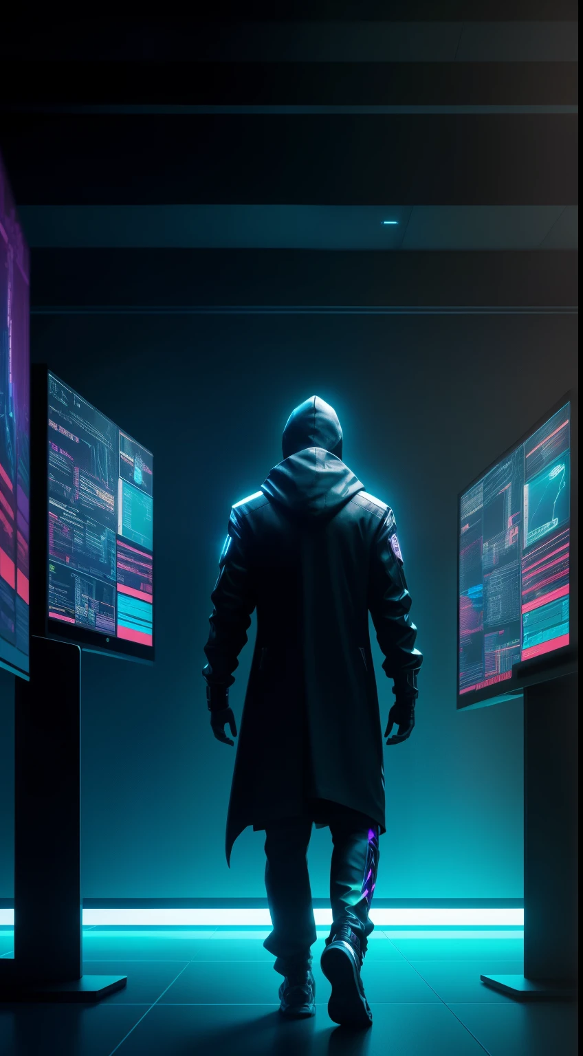 Lone hacker, immersed in a dark room full of bright computer screens and floating holograms., cyberpunk aesthetics, Action movies shot by Gon Satoshi, Semi-Impasto Style, matte paint, in the atmosphere, bright, dramatic lighting