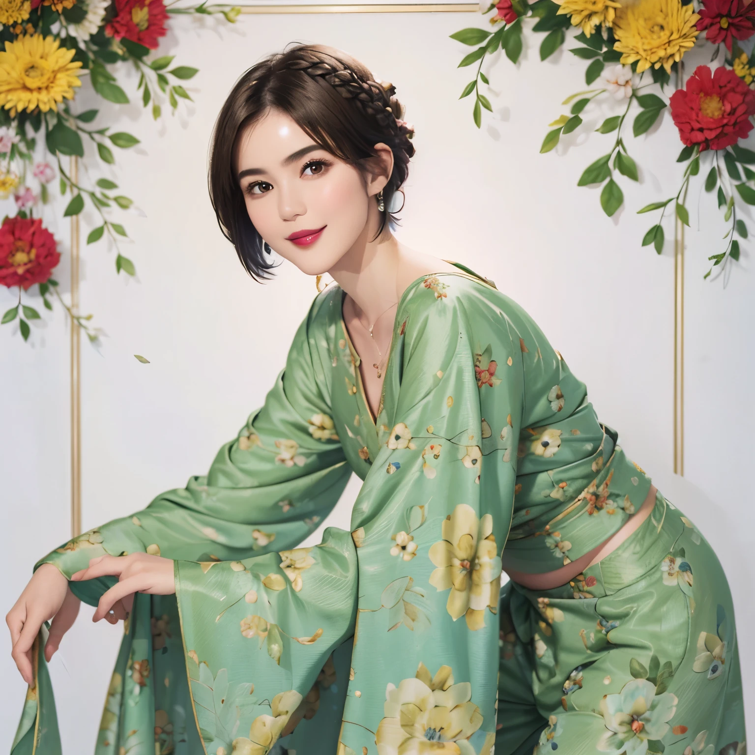 149
(20 year old woman,floral print outfit,pants), (Super realistic), (high resolution), ((beautiful hairstyle 46)), ((short hair:1.46)), (gentle smile), (brest:1.1), (lipstick)
