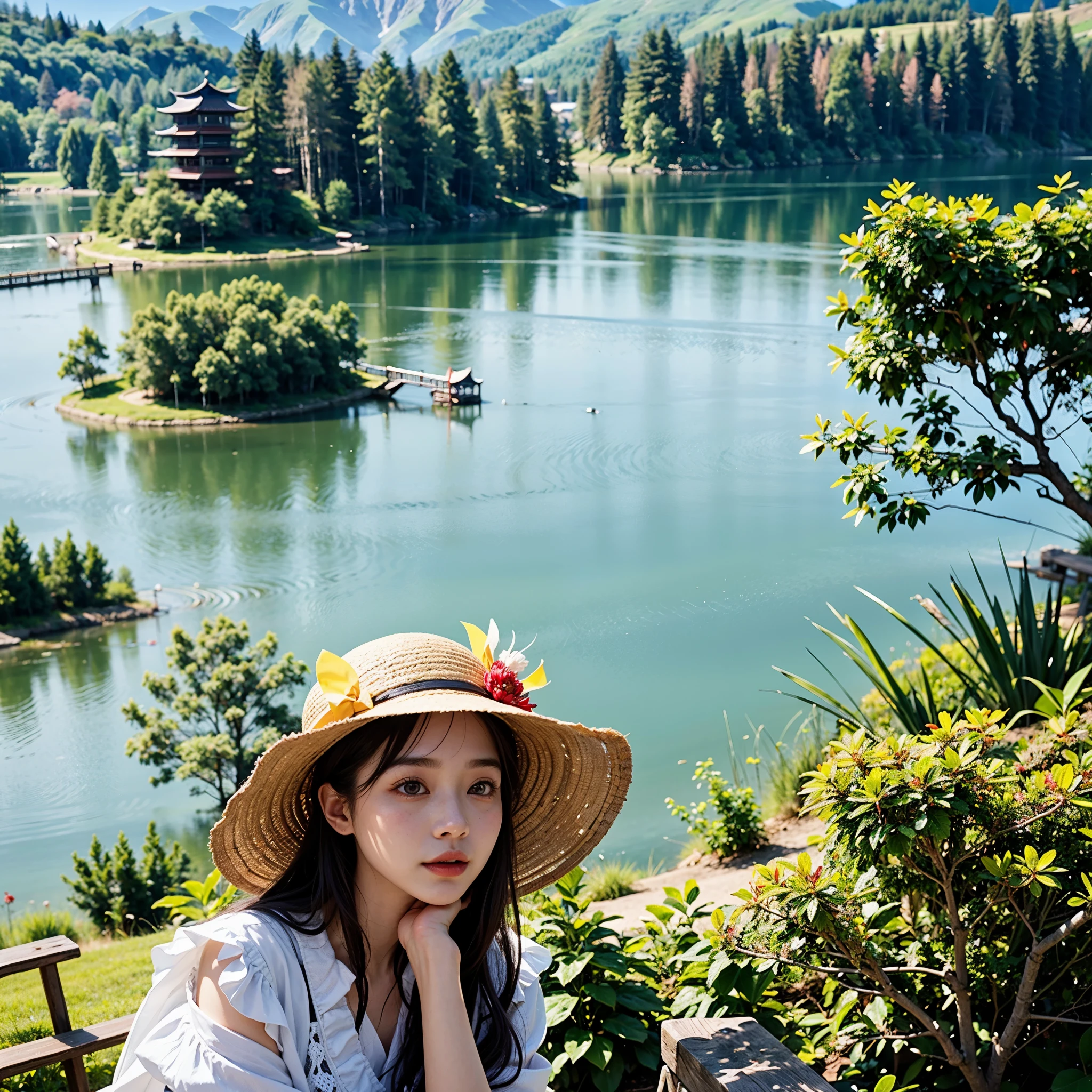 There is a woman wearing a hat sitting on a bench, wearing a straw hat, Hungry Ghost Festival, sitting in front of the lake, fan bingbing, Lake in the background, xintong chen, Belle Defin, with hat, on a sunny day, Dilireba, Photos taken with Canon 5D, queen of nature