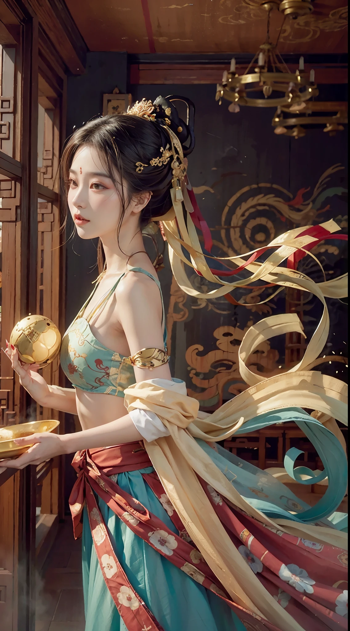 tmasterpiece, Traditional chinese painting, 1个Giant Breast Girl, long whitr hair, looking at viewert,dances,Perfect facial features, Titillating, O spirit, drak, dunhuang_style, dunhuang_cloths, UHD Dragon Horn, The dragon is flying, 4k, Best quality at best, super detailing, Award-Awarded, high qulity,Best quality at best,high detal