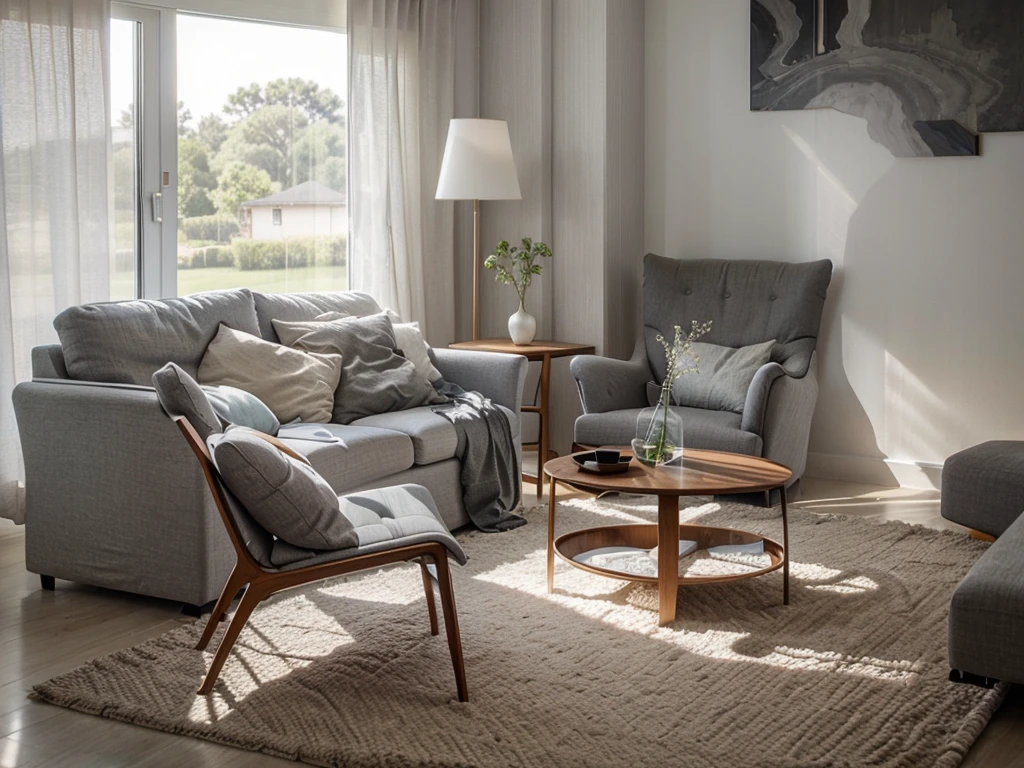 color photo of a modern and minimalist grey-colored Midcentury home. The house exudes an elegant and sophisticated vibe with its sleek lines, clean design, and neutral color palette. The exterior of the home is painted in a beautiful shade of grey, which perfectly complements the surrounding landscape. Large windows allow an abundance of natural light to flood the interior, creating a bright and airy atmosphere. The architectural details, such as the flat roof, angular shapes, and minimalistic landscaping, add to the overall contemporary aesthetic of the house. This grey Midcentury home stands as a timeless masterpiece, blending seamlessly with its surroundings.