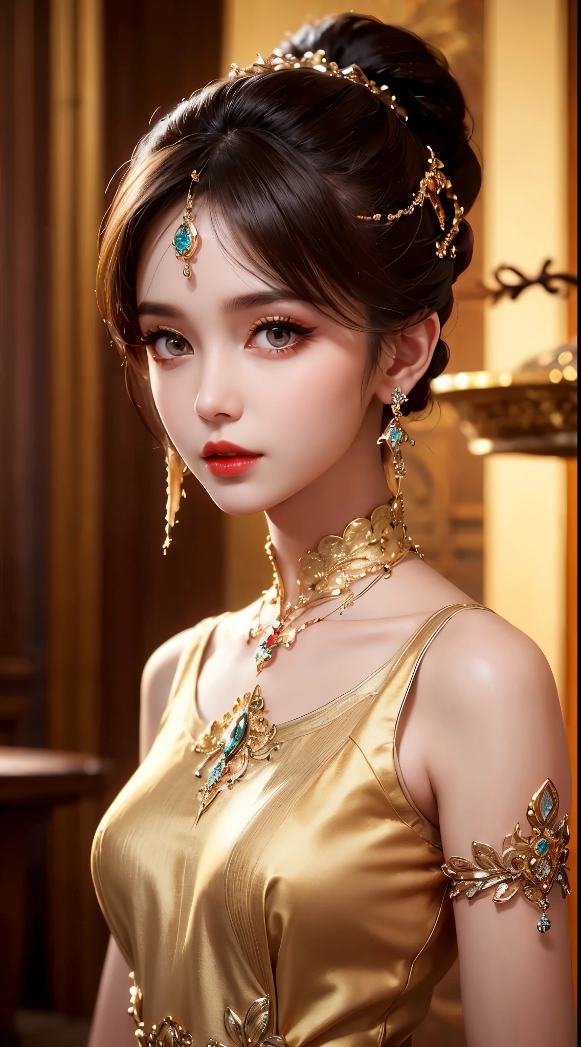 8K ultra hd, masterpiece, best quality, a beautiful girl, long hair, impressive hairstyle, royal hair jewelry, pretty cute face, flawless face, jewellery earrings, antique jewellery, details eyes, beautiful eyes, meticulous makeup, thin eyebrows, beautiful red lips, medium breasts, golden mesh socks, thin golden silk shirt with many white motifs, white lace shirt, long bangs and a long platinum golden ponytail, realistic colors, magic effects, Ancient hanfu background, attractive pose,
