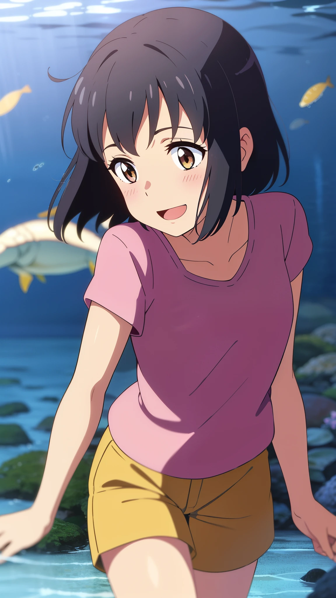 shinkai makoto, kimi no na wa., 1girl, bangs, black hair, blush, brown eyes, shiny skin, red headband, casual shirt, women's shorts, shorts, short hair, smile, cute, solo, happy, open mouth, Hair floating on water, under the water, upper-body, close-up, reefs, sea weed, deep blue underwater, seaweed, a sea turtle, gold fish