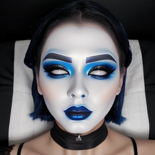 Blue face makeup,(masterpiece) ,black lipstick,white eye shadow,