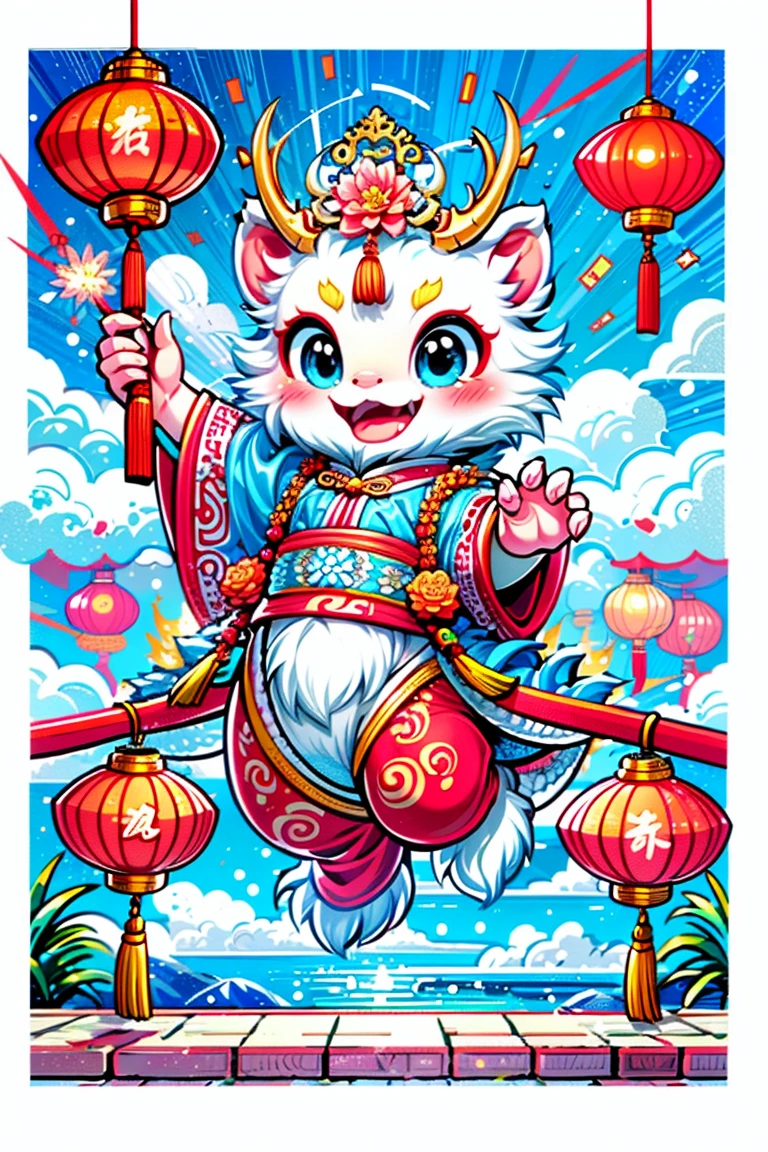 1 Chinese dragon，[(Chinese palace background:1.5)::5]，medium shot，Chinese style，Spring Festival，lantern，fireworks，firecracker，Floral fragrance，stone fragment，Beautiful and delicate water，moiré floor，Cute Chinese Dragon
