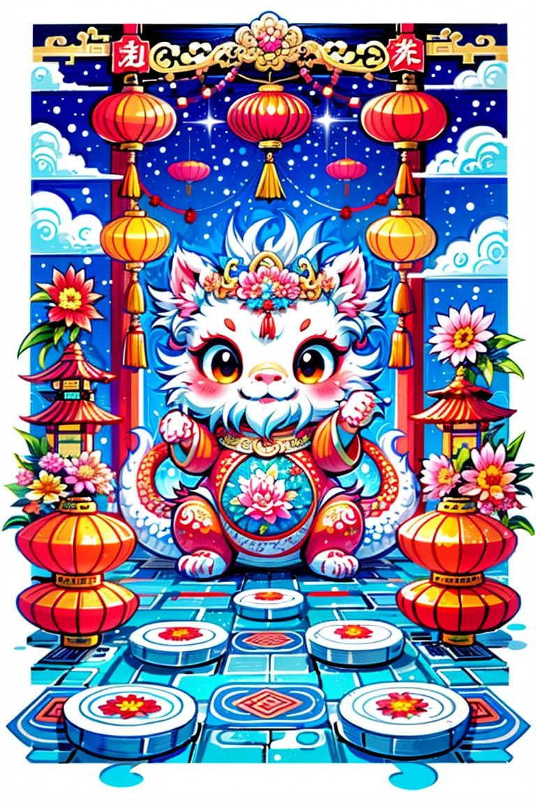 1 Chinese dragon，[(Chinese palace background:1.5)::5]，medium shot，Chinese style，Spring Festival，lantern，fireworks，firecracker，Floral fragrance，stone fragment，Beautiful and delicate water，moiré floor，Cute Chinese Dragon