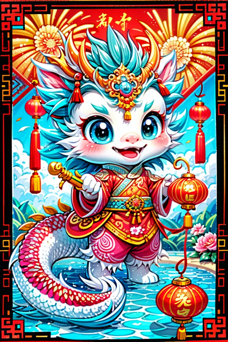 1 Chinese dragon，[(Chinese palace background:1.5)::5]，medium shot，Chinese style，Spring Festival，lantern，fireworks，firecracker，Floral fragrance，stone fragment，Beautiful and delicate water，moiré floor，Cute Chinese Dragon