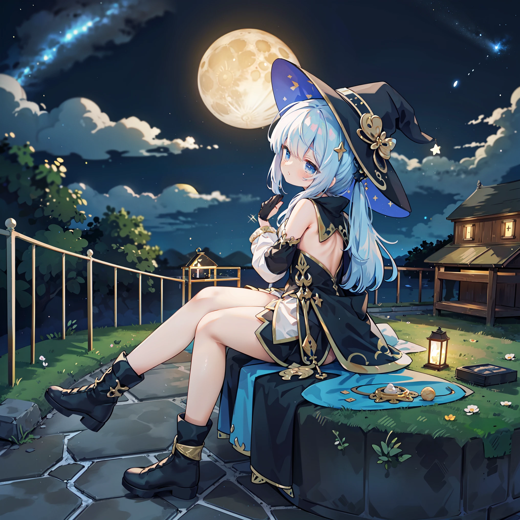 A beautiful moonlit night. girl sitting on the edge of a cliff、clouds at my feet、back view、Star-studded night sky. meteor、彼女は美しい顔とbright colorsの輝く目をしています. She wears a costume with an intricate and beautiful design. Detail view. bright colors. High resolution. fantasy、fantasy、wizard、witch's house、look up at the moon