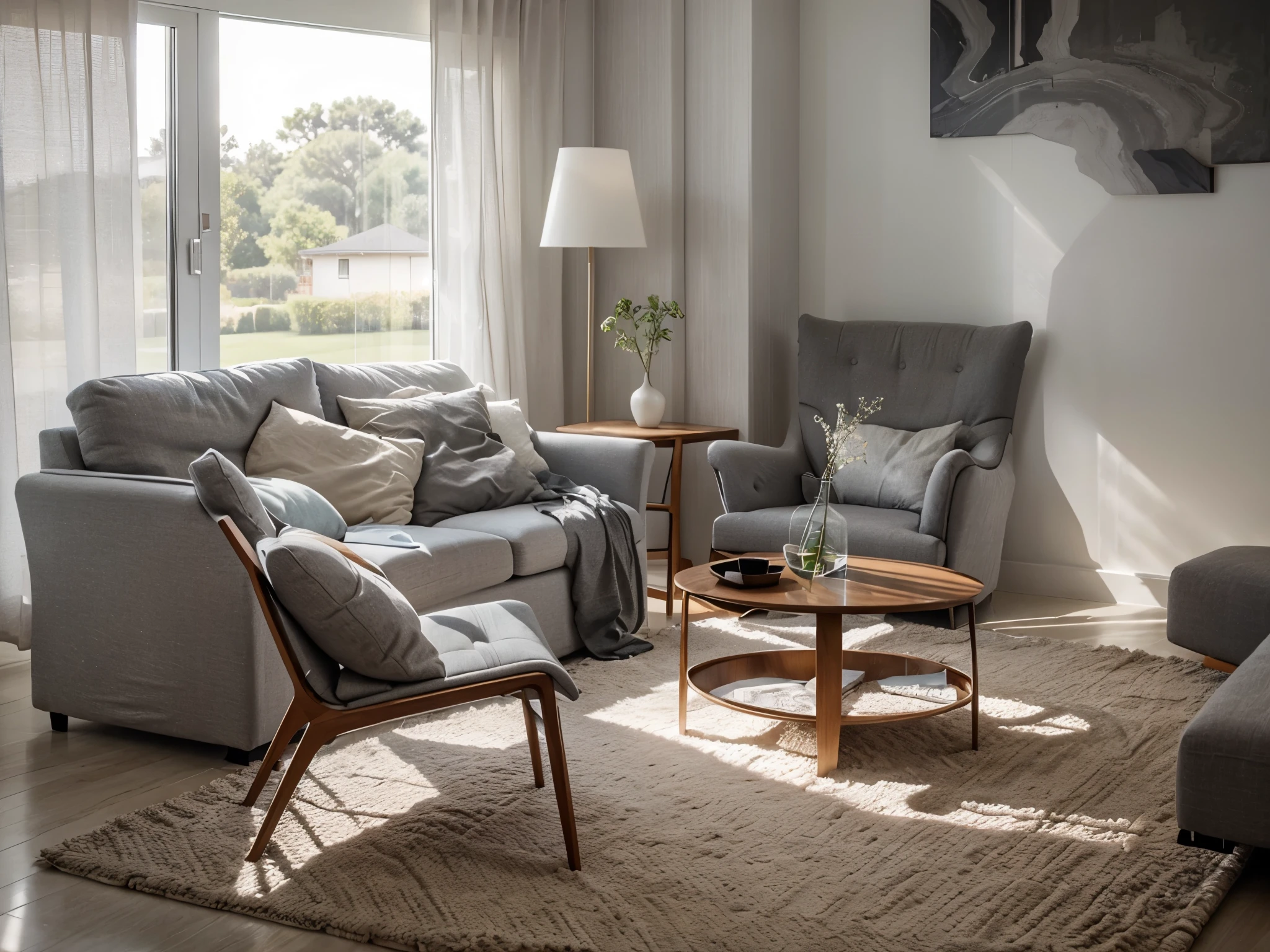 color photo of a modern and minimalist grey-colored Midcentury home. The house exudes an elegant and sophisticated vibe with its sleek lines, clean design, and neutral color palette. The exterior of the home is painted in a beautiful shade of grey, which perfectly complements the surrounding landscape. Large windows allow an abundance of natural light to flood the interior, creating a bright and airy atmosphere. The architectural details, such as the flat roof, angular shapes, and minimalistic landscaping, add to the overall contemporary aesthetic of the house. This grey Midcentury home stands as a timeless masterpiece, blending seamlessly with its surroundings.