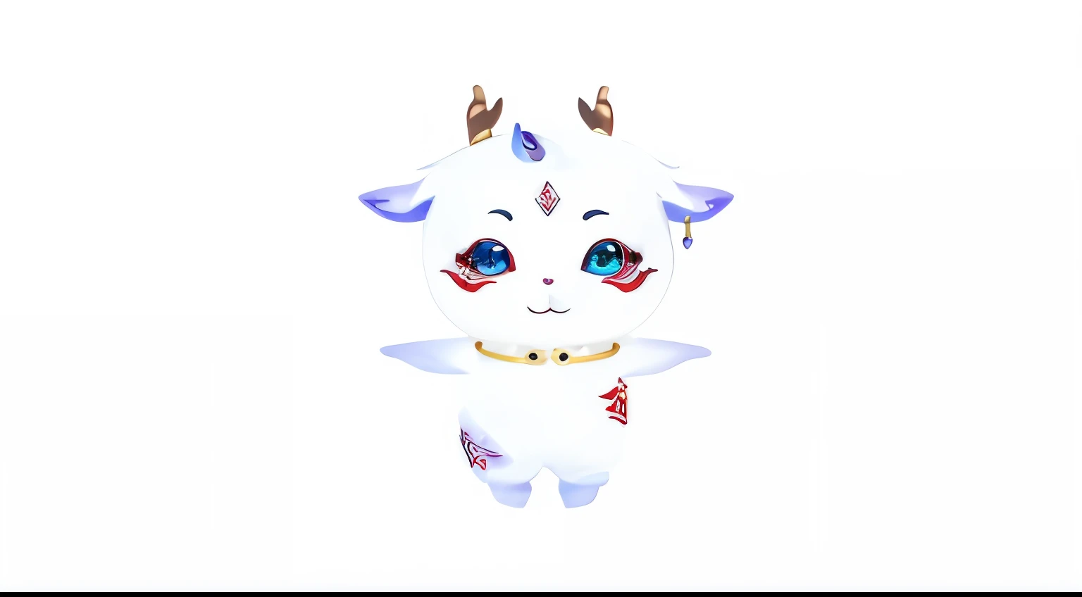 （3D:1.3）、（White body:1.3），cute，Elf，White background，Mysterious creature in cartoon style，wide blue eyes，Pointy ears，Ears resembling those of a cow or sheep，with red stripes，The head has some slight pink decoration，Gives people a feeling of East Asian makeup。wearing collar，There is a blue gem in the middle，This creature gives people a mysterious and gentle feeling，Like characters in fairy tales