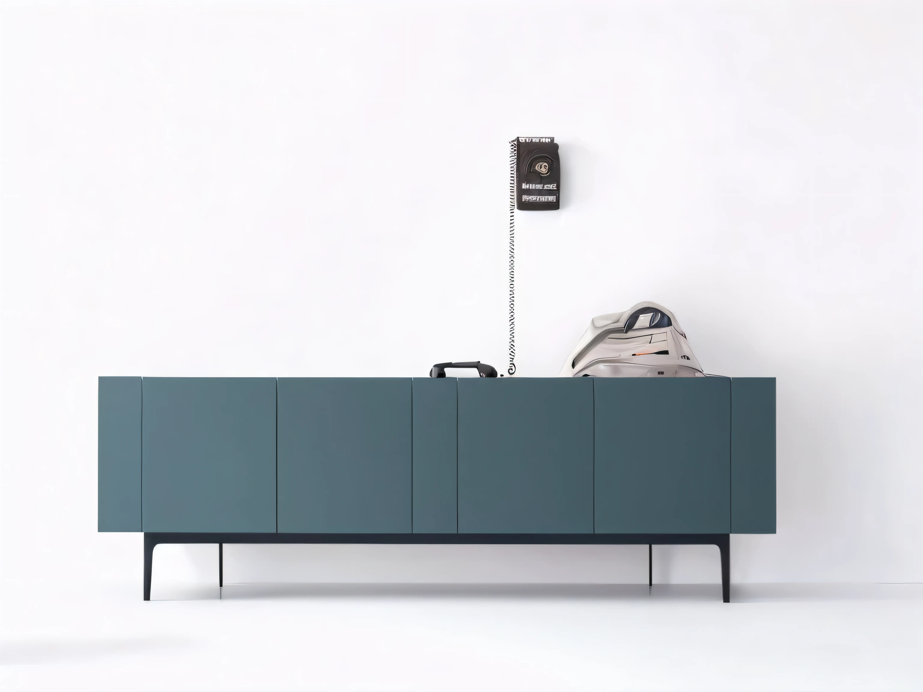 There is a blue cabinet，There is a clock on it，There is a bag on it, minimalist furniture, The console is tall and majestic, Furniture design, designer furniture, pastel colorss with minimalism, hero shot, minimalistic design, modern gallery furniture, Trending on dezeen, by Carlo Needler, elegant minimalism, pastel colors. minimalist, inspired by Viktor de Jeney