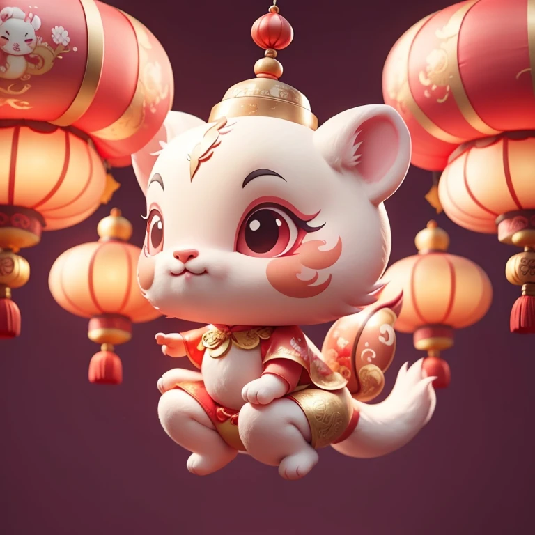 A cute Chinese dragon, Spring Festival，Festive atmosphere，Red pink and light gold styles, Hang red lanterns