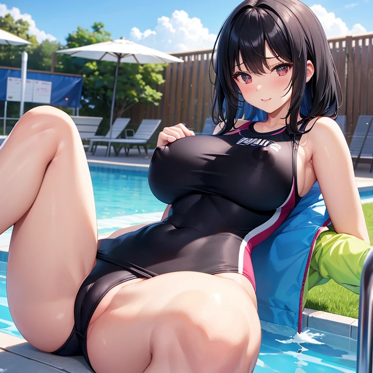 Her erect nipples are visible through her swimsuit、A beautiful high school girl with big breasts and black hair wearing a tight competitive swimsuit.。One nipple is still visible、Open your legs。There are strange men's erect penises around me.。