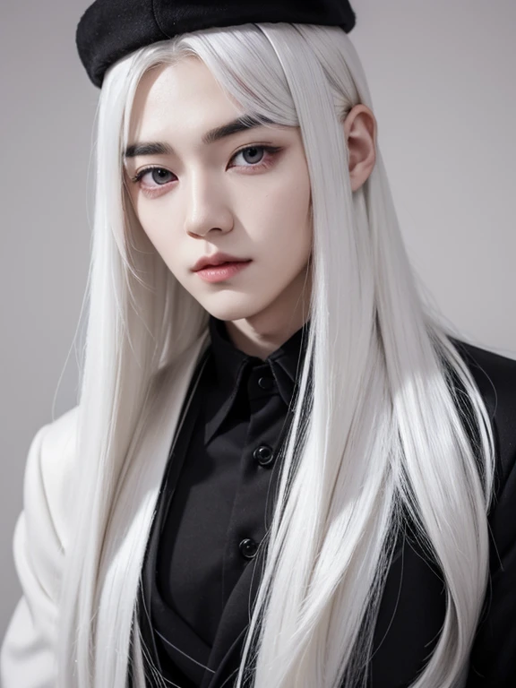 Male albino doll, black hair, red eyes, white eyelashes, white eye brows, kpop, kpop idol, long straight hair 